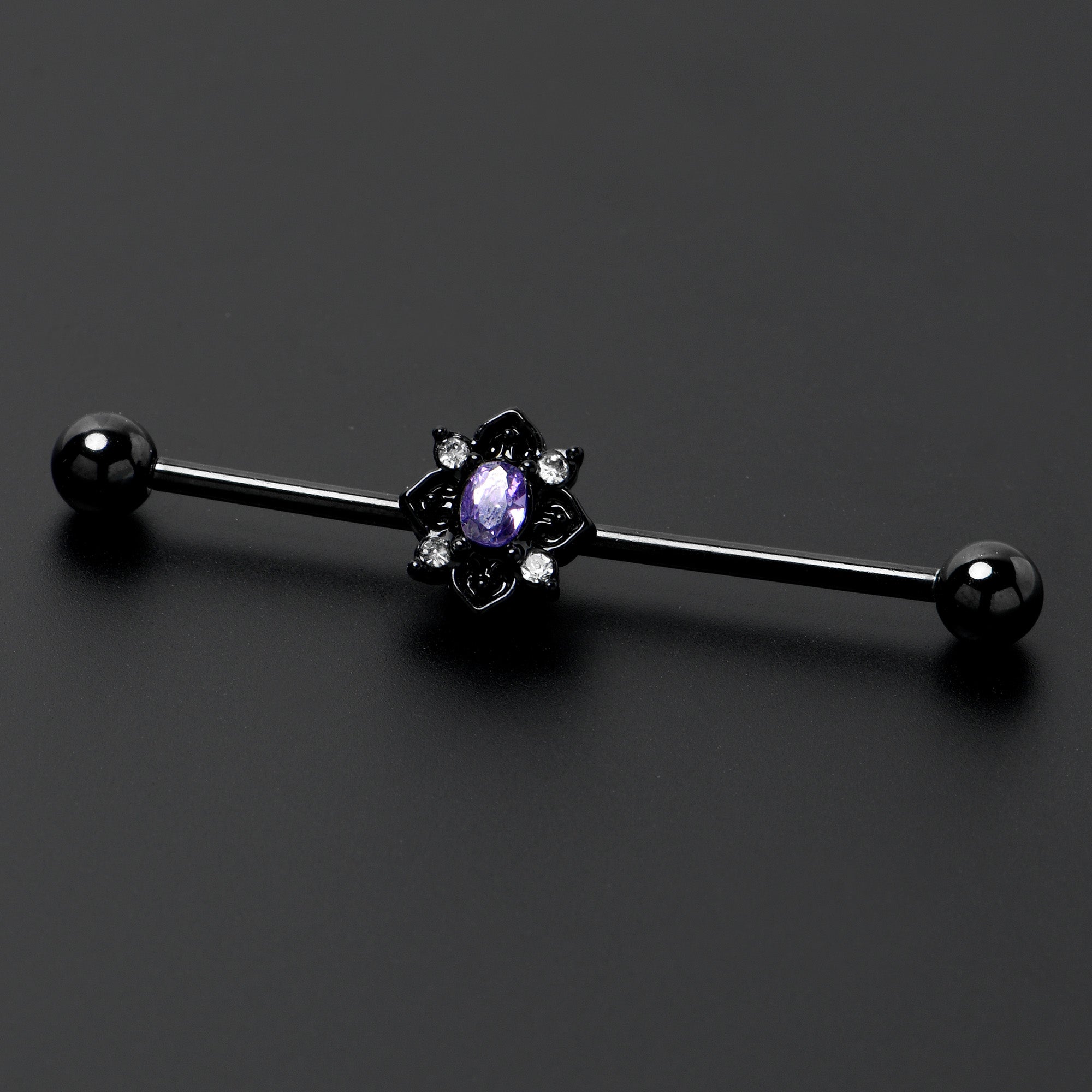 14G Purple Gem Black Scrolling Hearts Industrial Barbell 38mm