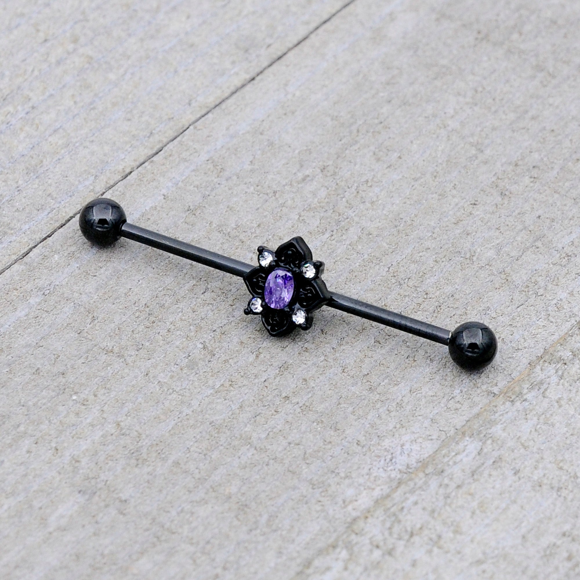 14G Purple Gem Black Scrolling Hearts Industrial Barbell 38mm