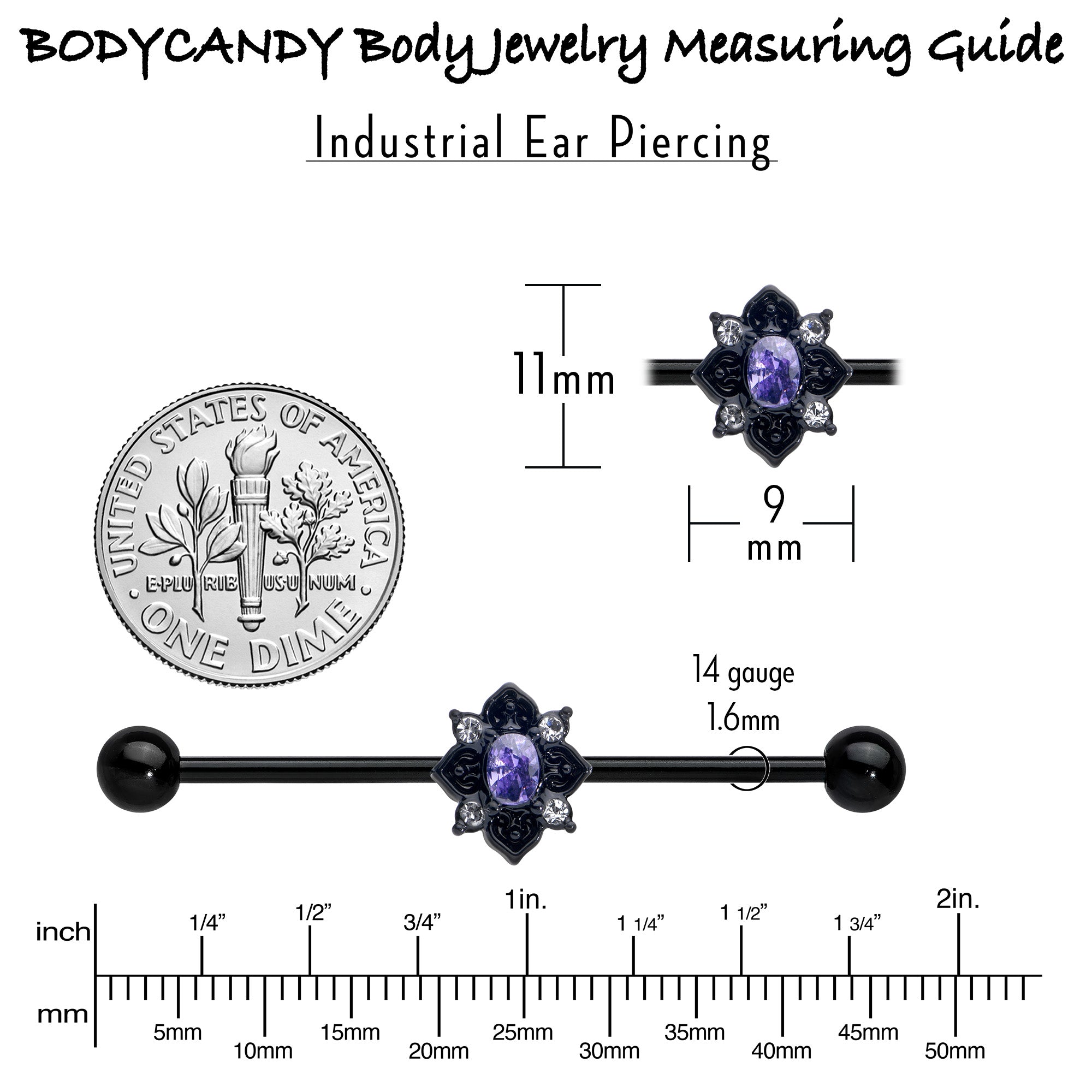 14G Purple Gem Black Scrolling Hearts Industrial Barbell 38mm