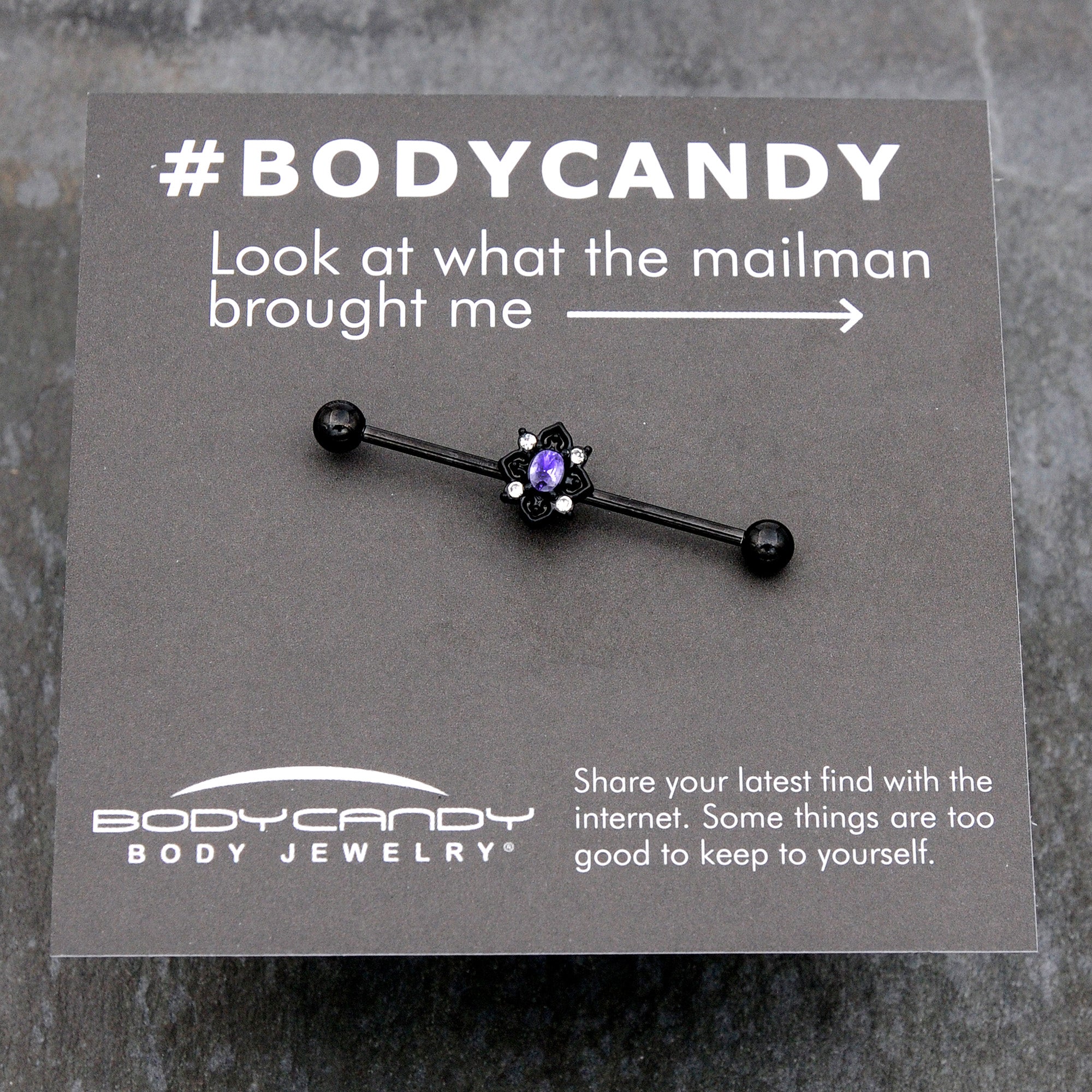 14G Purple Gem Black Scrolling Hearts Industrial Barbell 38mm