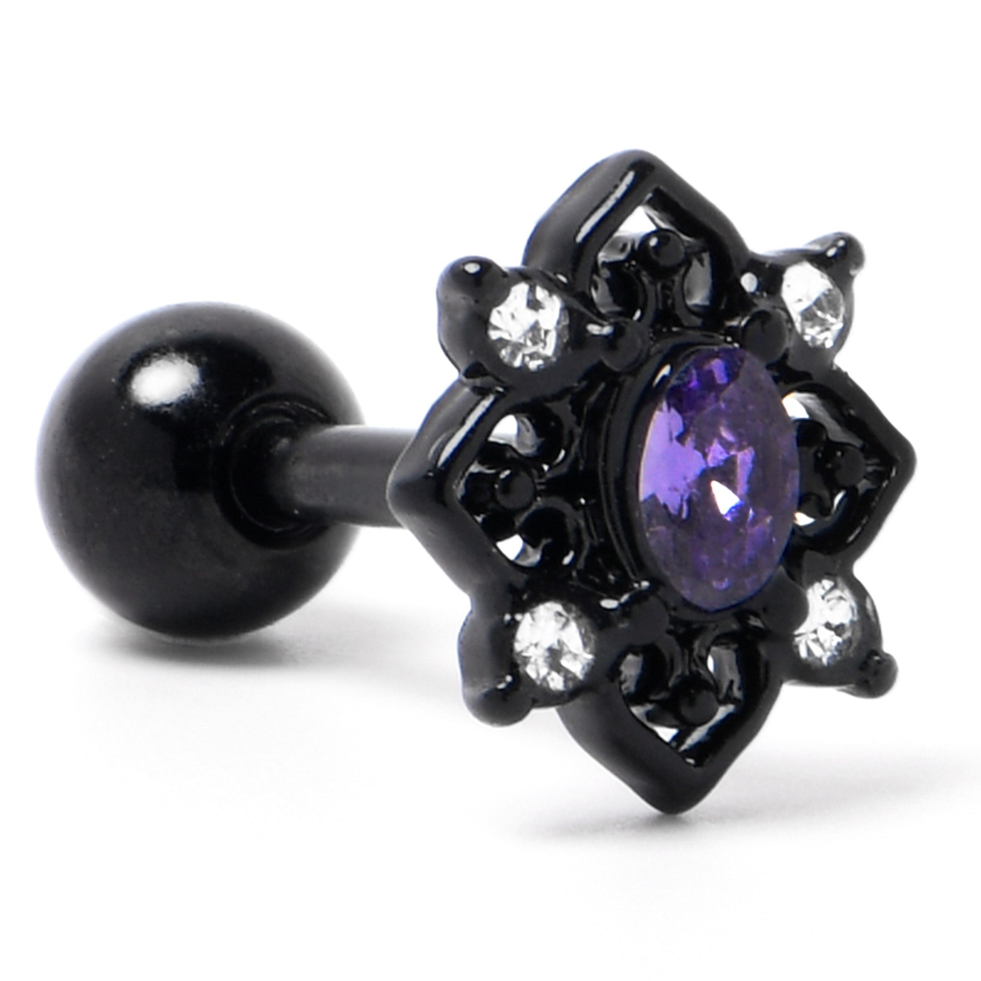 16G 1/4 Purple Gem Black Scrolling Hearts Cartilage Tragus Earring