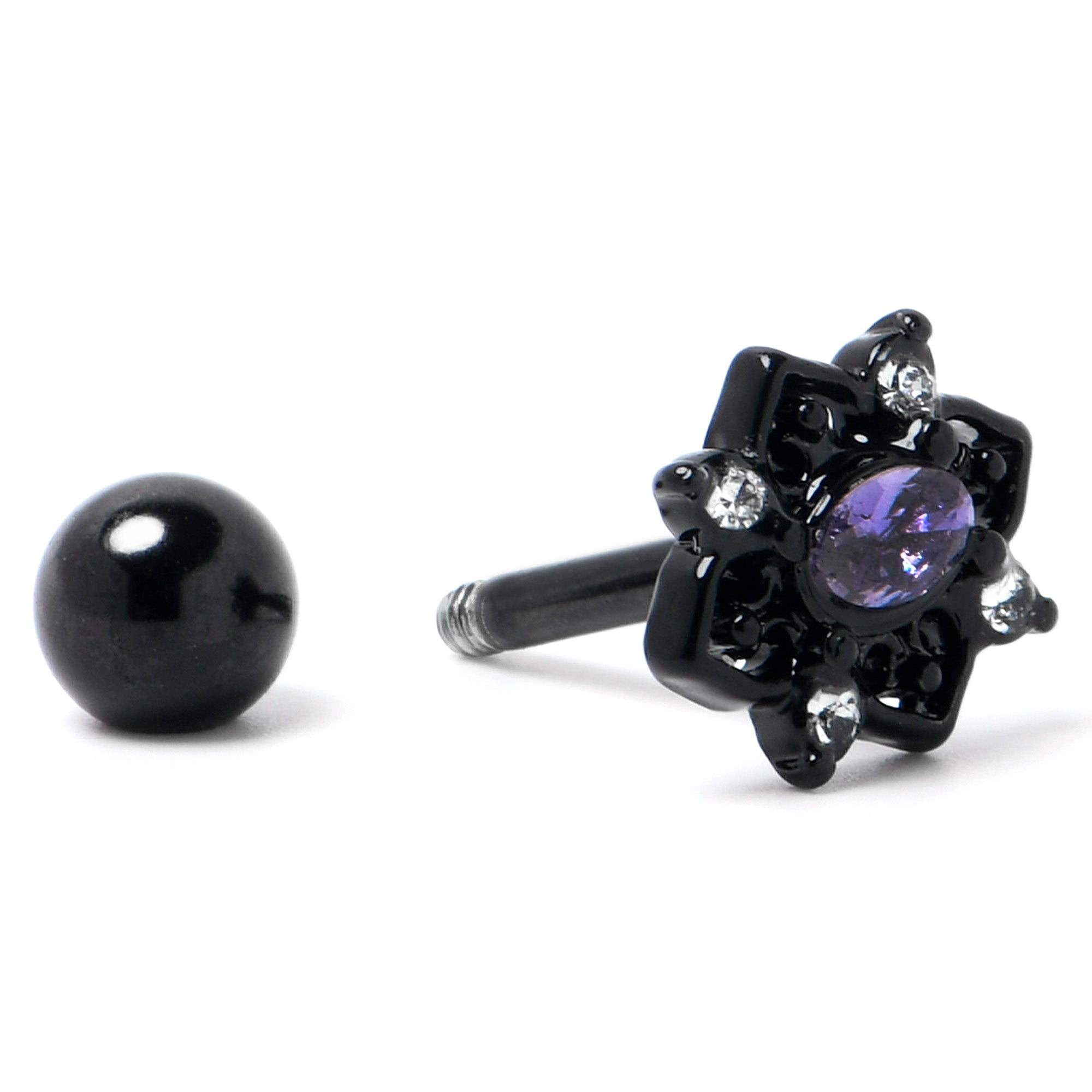 16G 1/4 Purple Gem Black Scrolling Hearts Cartilage Tragus Earring