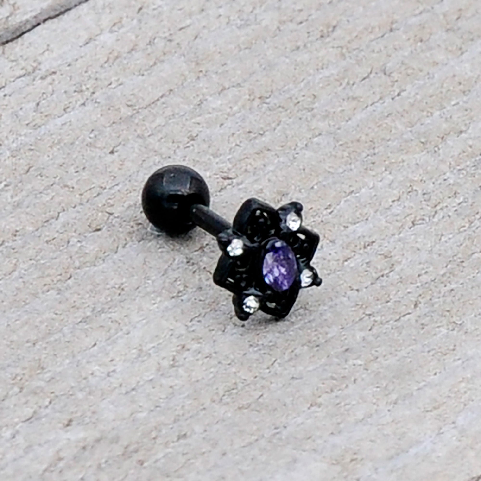 16G 1/4 Purple Gem Black Scrolling Hearts Cartilage Tragus Earring