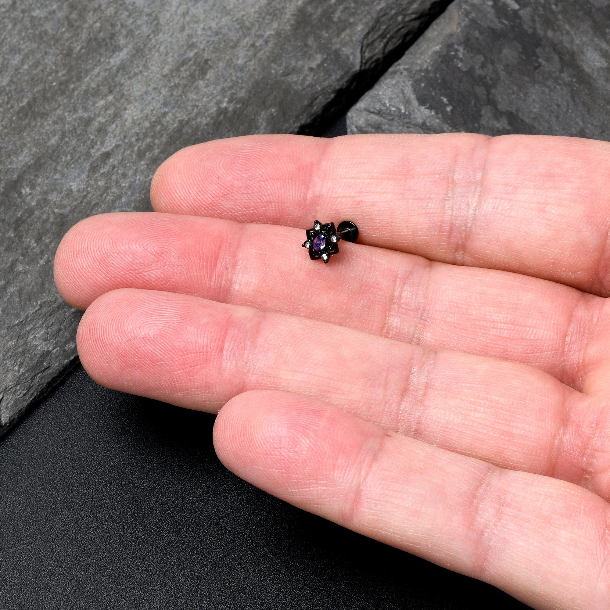 16G 5/16 Purple Gem Black Scrolling Hearts Labret Monroe Tragus