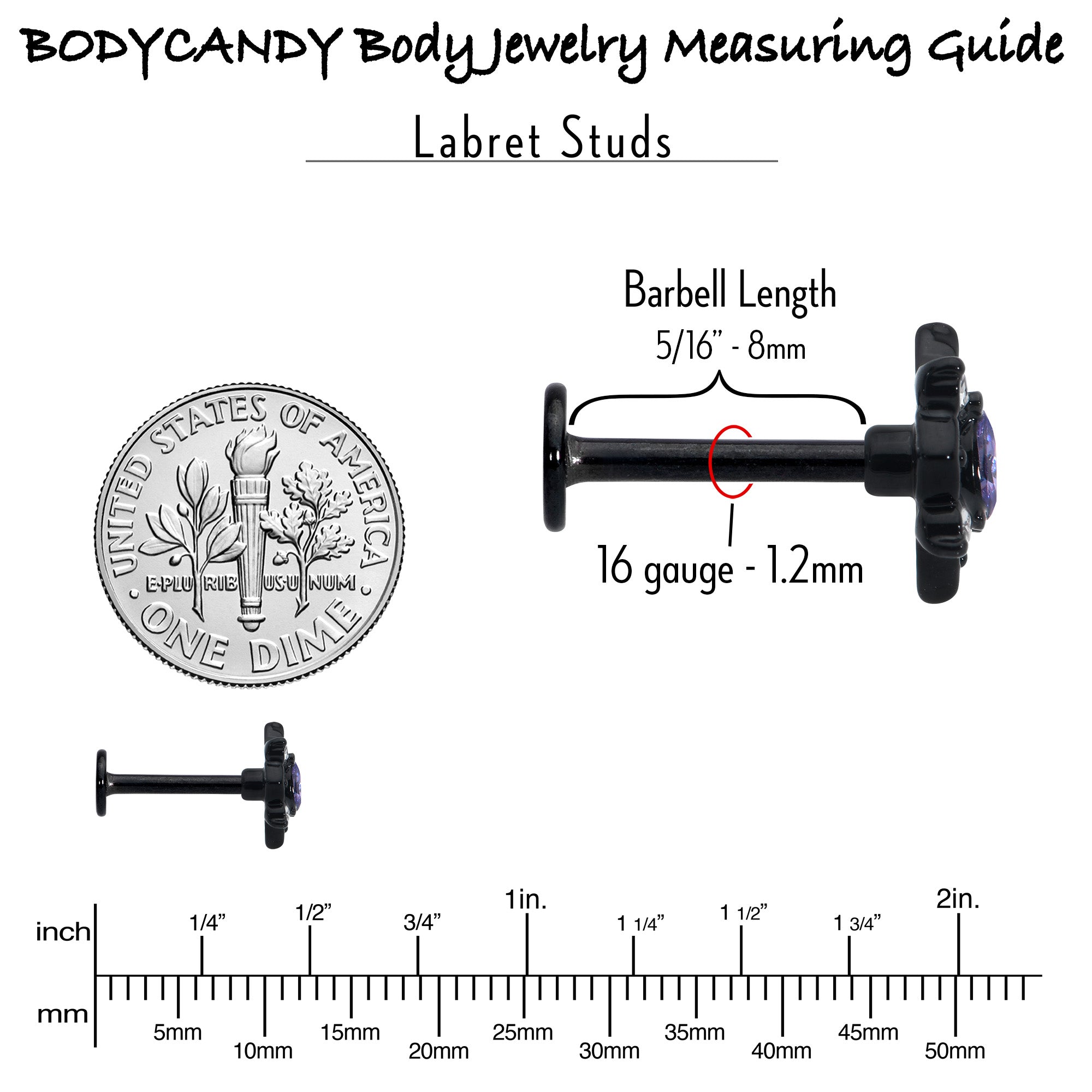 16G 5/16 Purple Gem Black Scrolling Hearts Labret Monroe Tragus