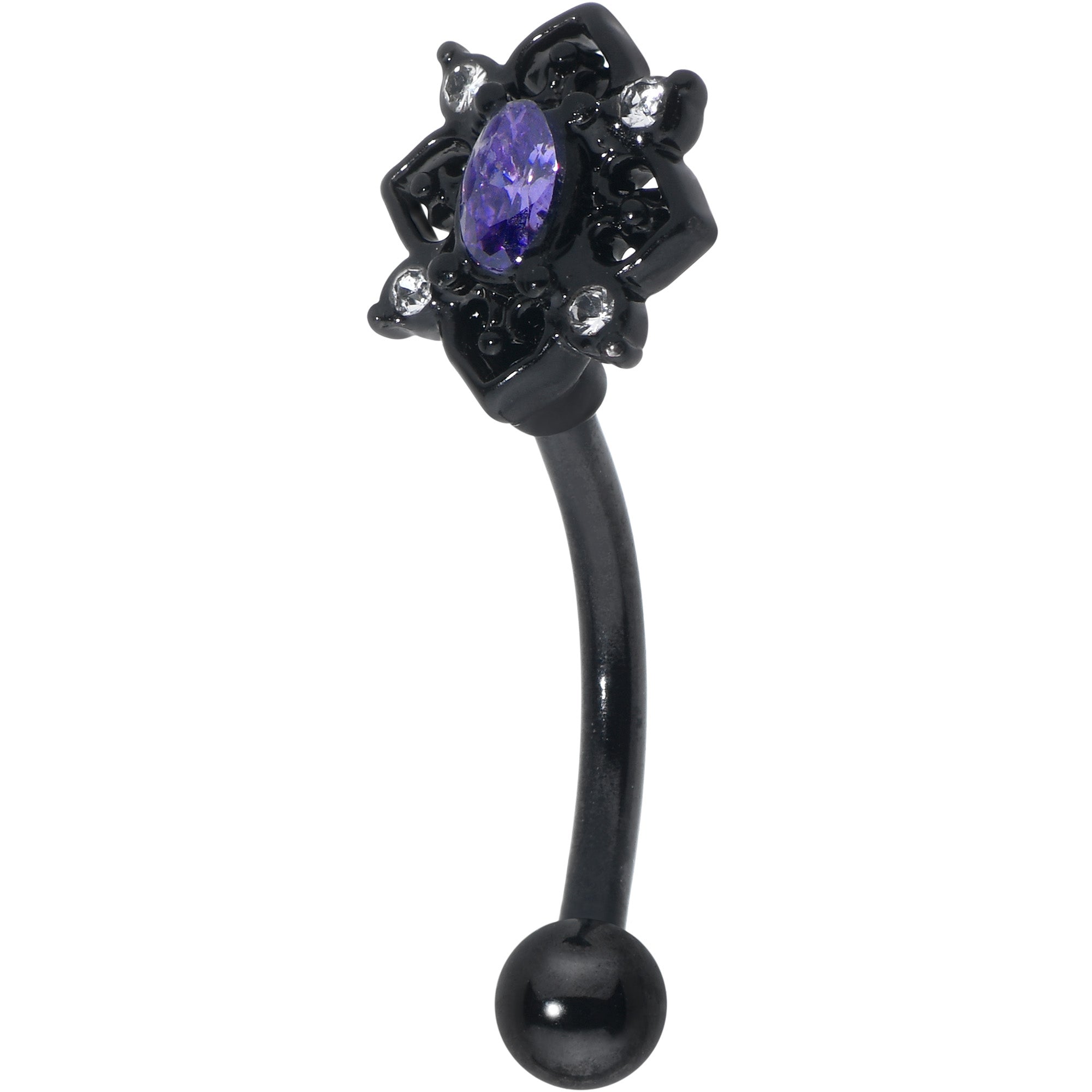 16G 5/16 Purple Gem Black Scrolling Hearts Curved Eyebrow Ring