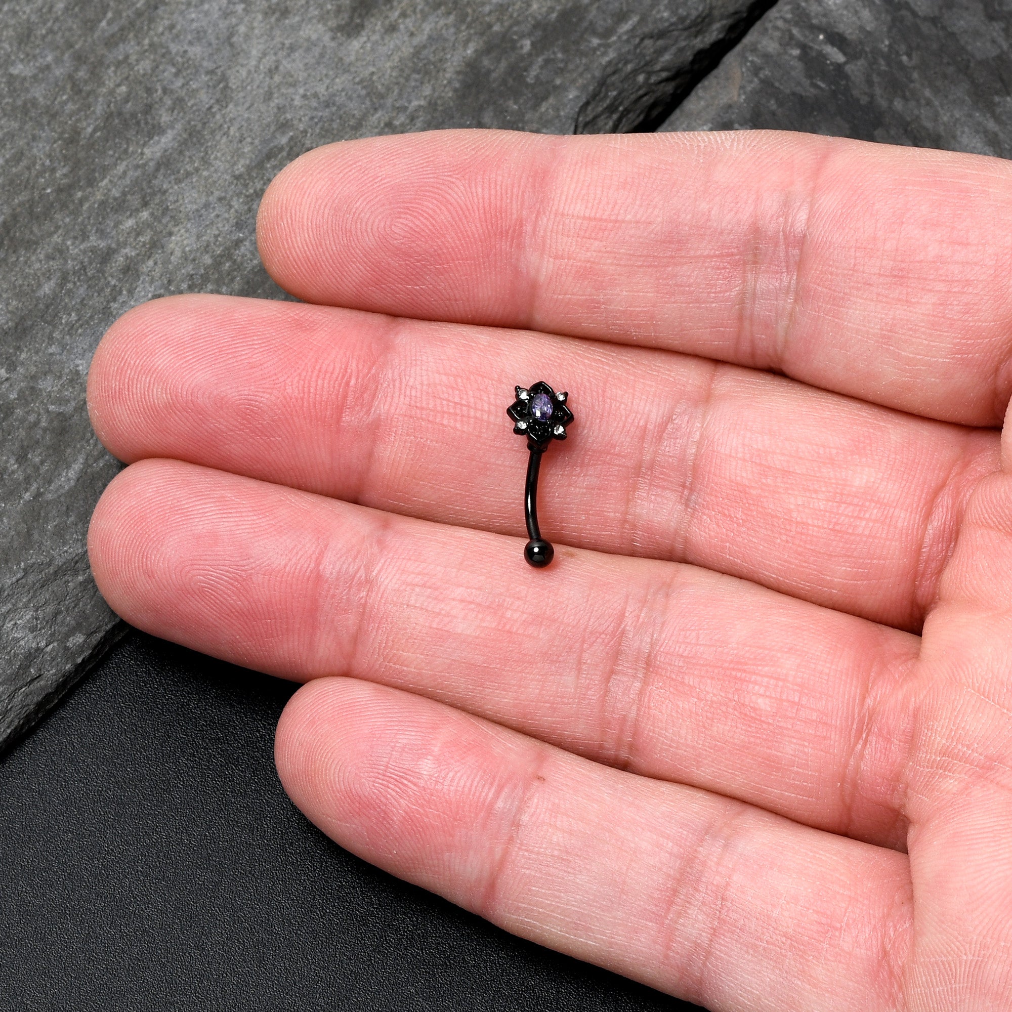 16G 5/16 Purple Gem Black Scrolling Hearts Curved Eyebrow Ring