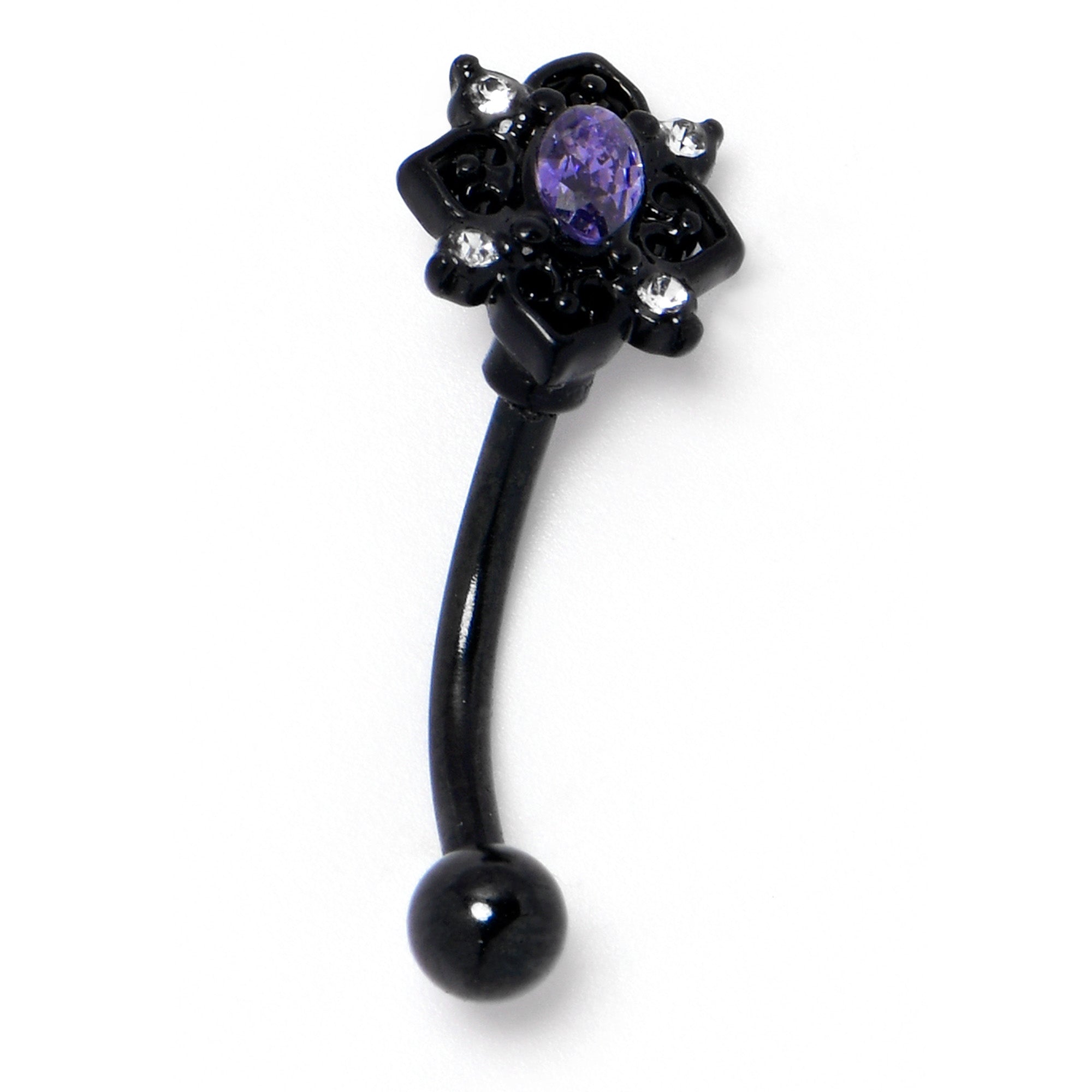 16G 5/16 Purple Gem Black Scrolling Hearts Curved Eyebrow Ring