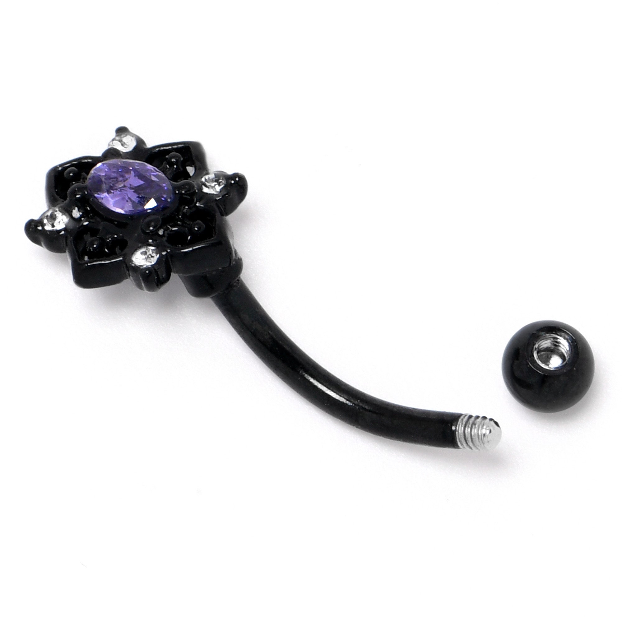 16G 5/16 Purple Gem Black Scrolling Hearts Curved Eyebrow Ring