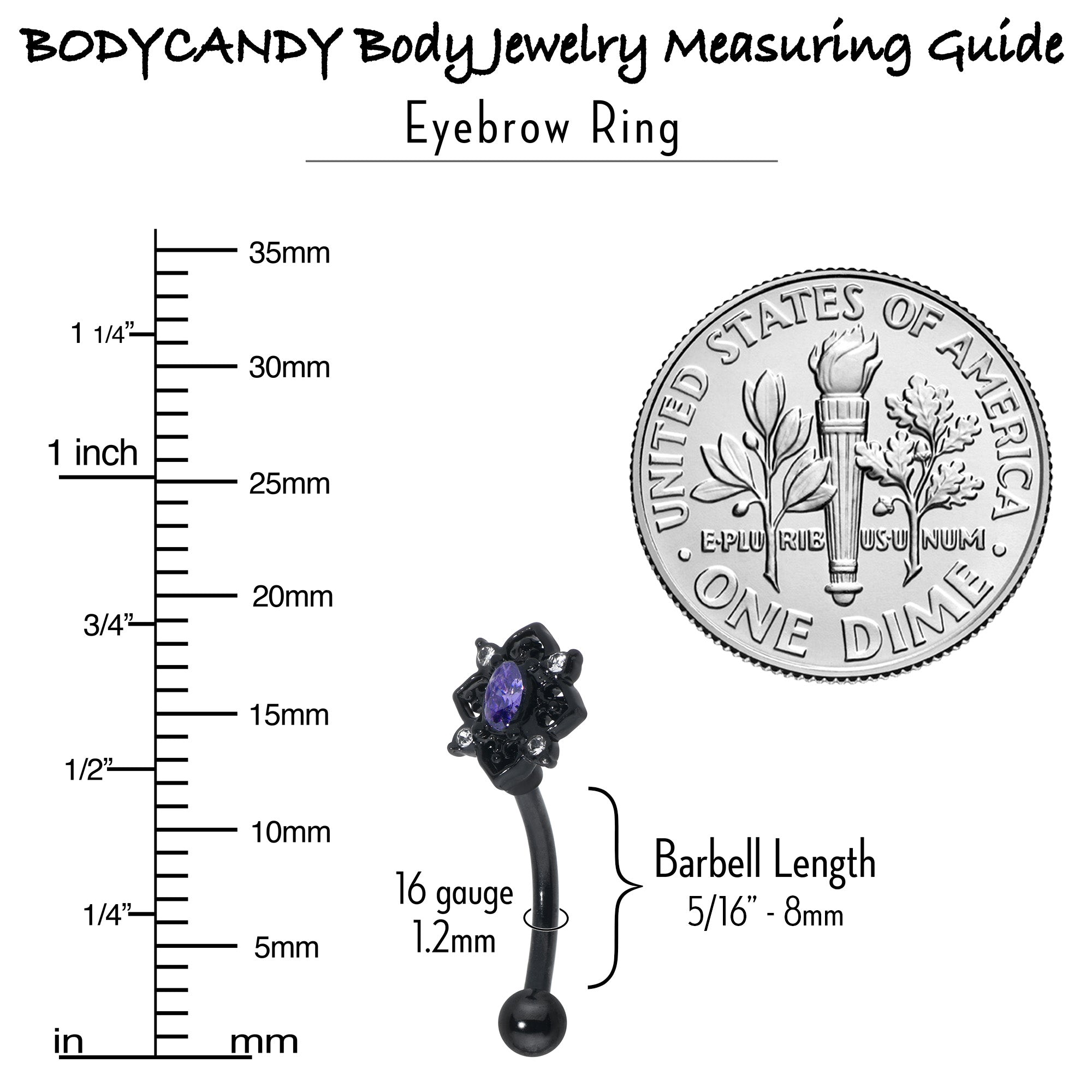 16G 5/16 Purple Gem Black Scrolling Hearts Curved Eyebrow Ring