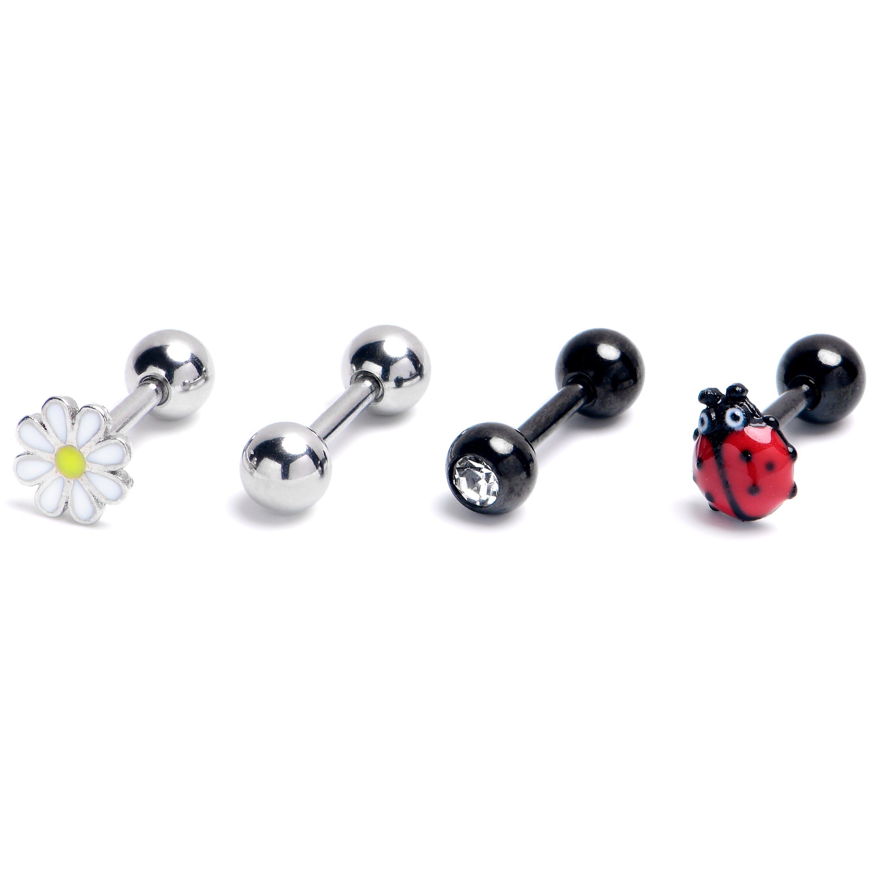 16G 1/4 Clear Gem Black Daisy Ladybug Cartilage Earring Curation Set of 4