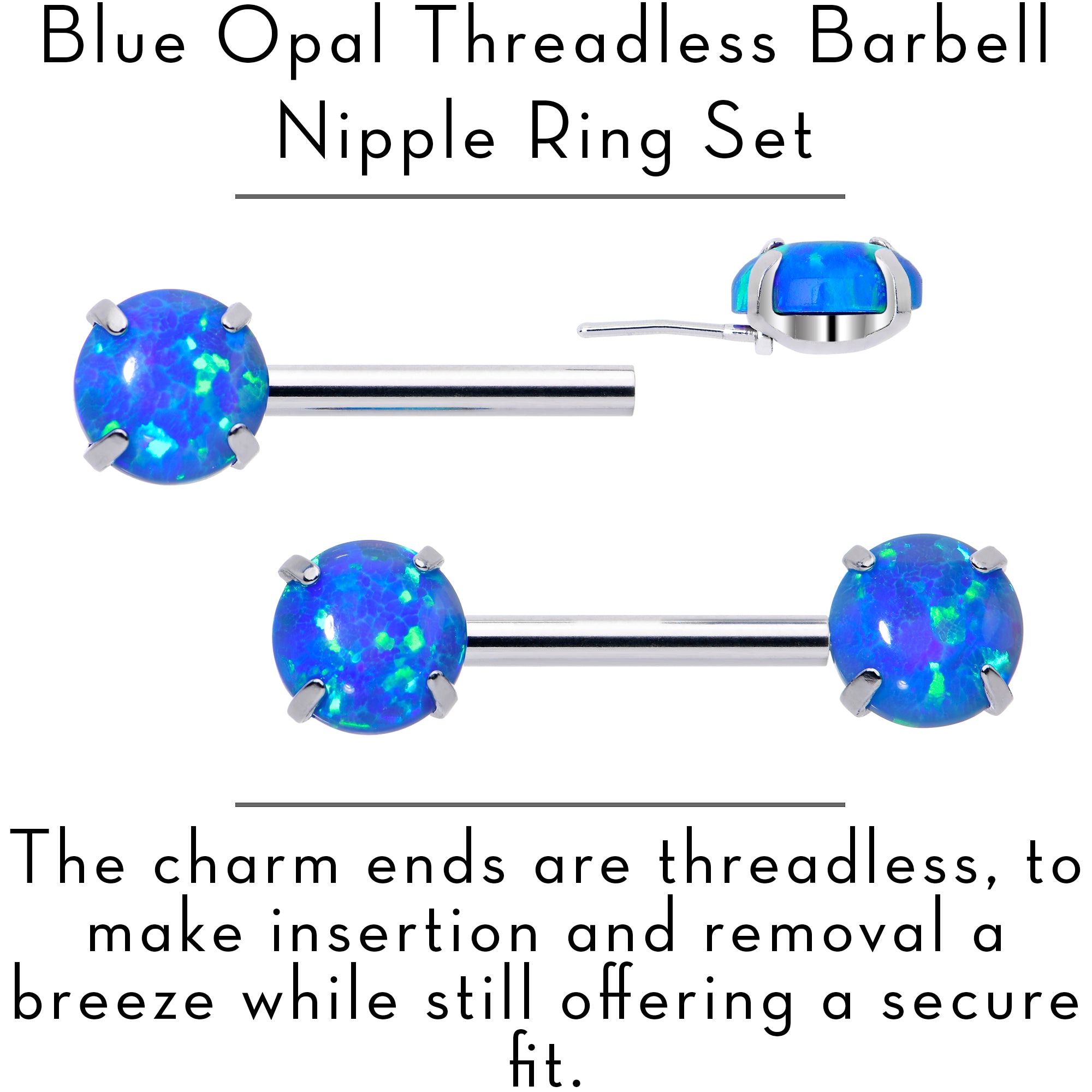 14G 1/2 Blue Synthetic Opal Threadless Barbell Nipple Ring Set
