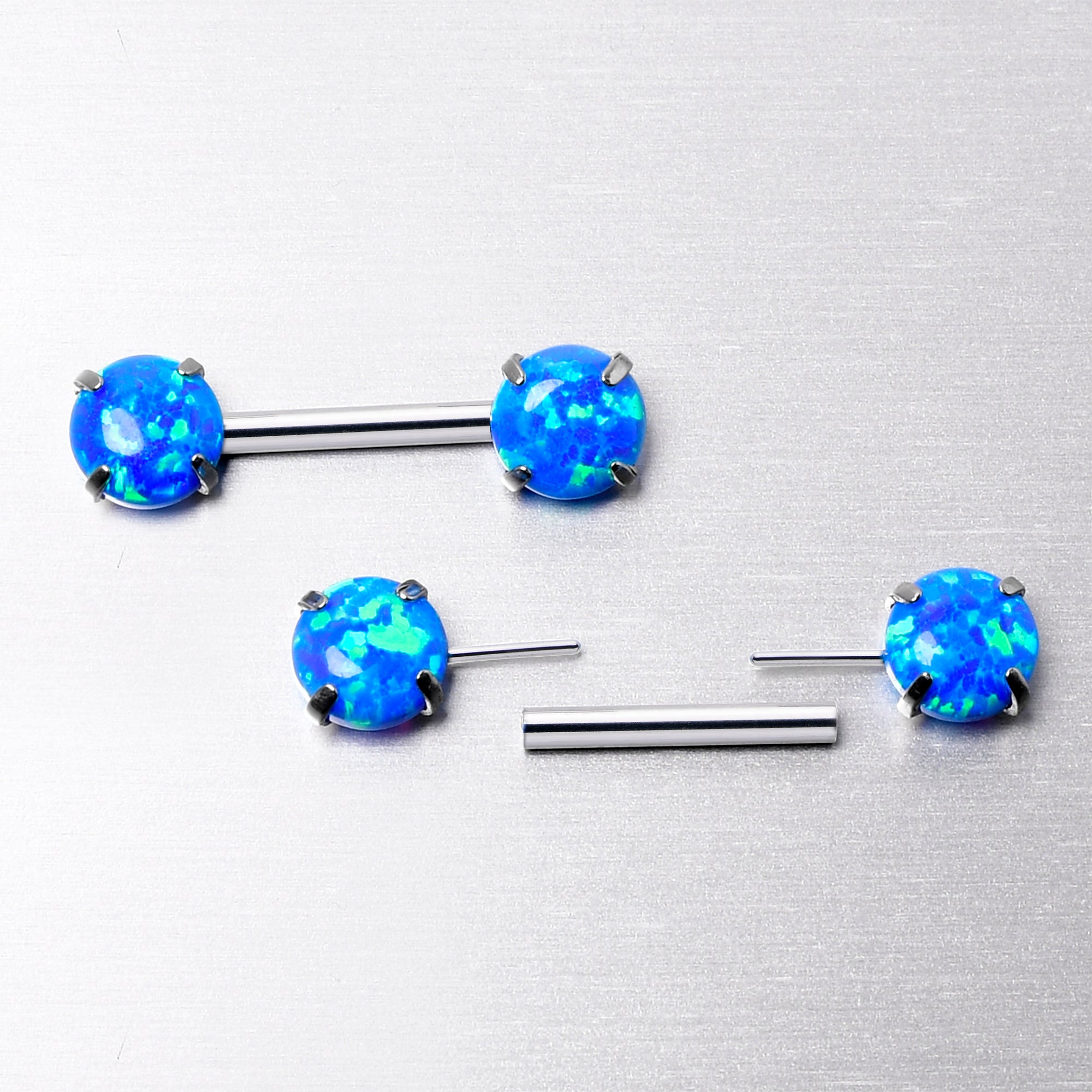 14G 1/2 Blue Synthetic Opal Threadless Barbell Nipple Ring Set