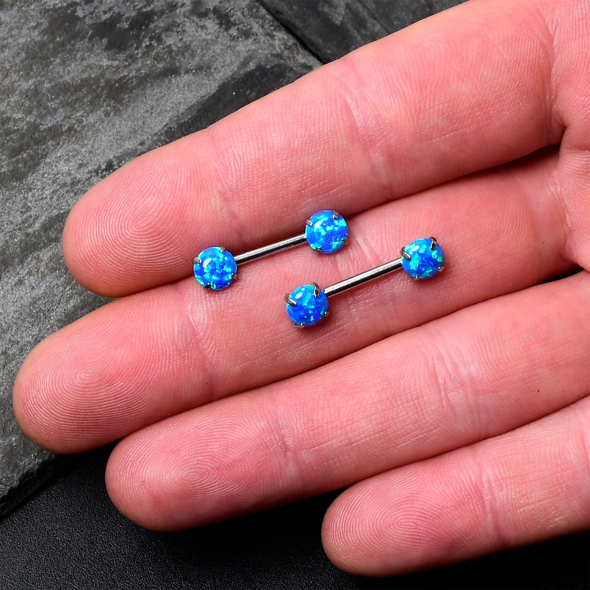 14G 1/2 Blue Synthetic Opal Threadless Barbell Nipple Ring Set
