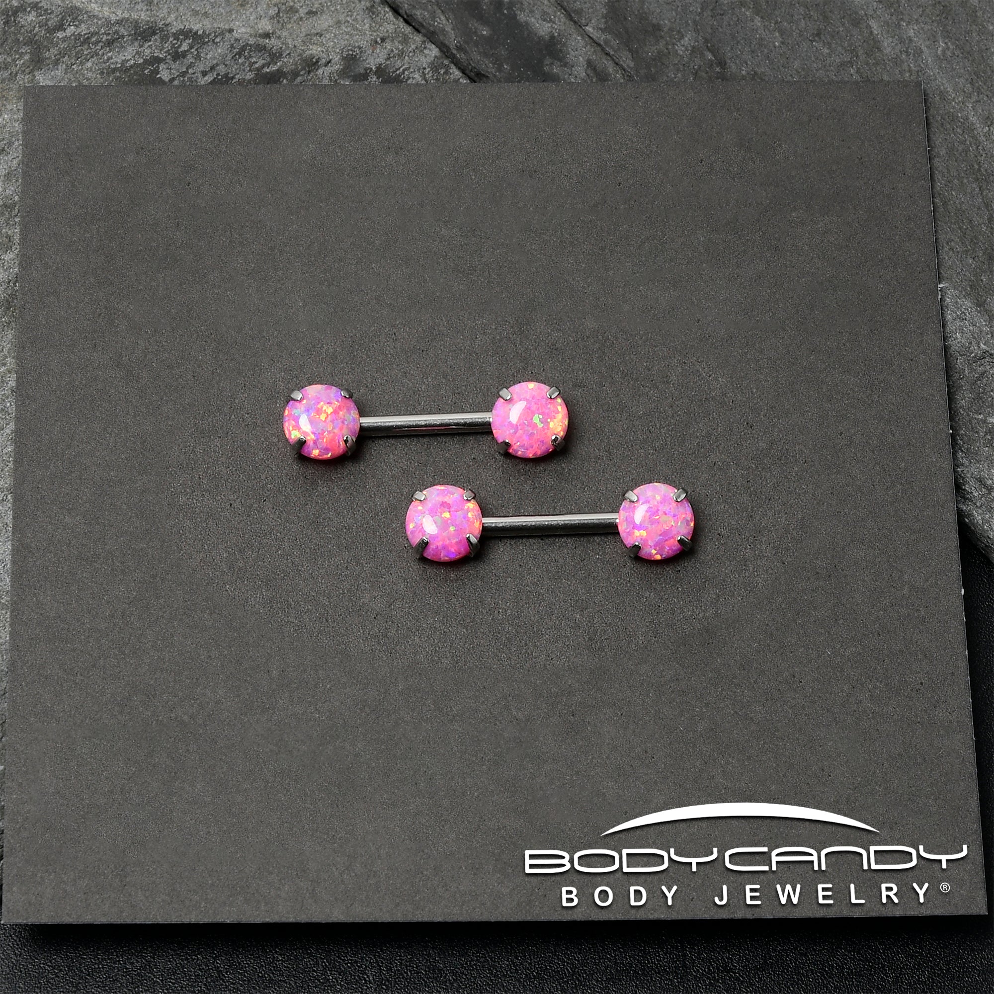 14G 1/2 Pink Synthetic Opal Threadless Barbell Nipple Ring Set