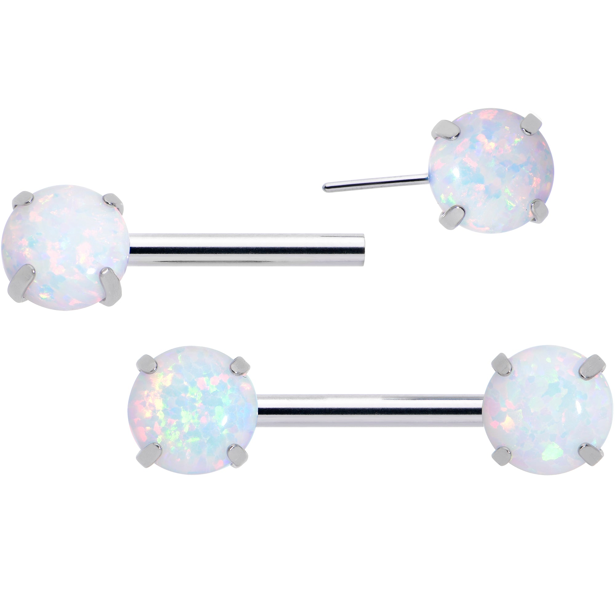 14G 1/2 White Synthetic Opal Threadless Barbell Nipple Ring Set