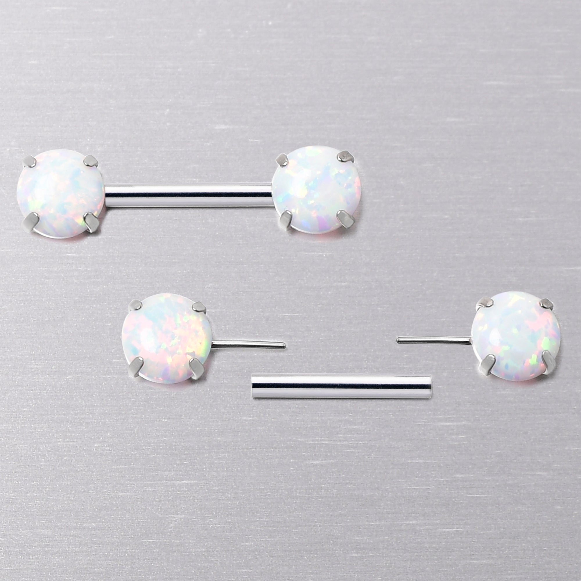 14G 1/2 White Synthetic Opal Threadless Barbell Nipple Ring Set