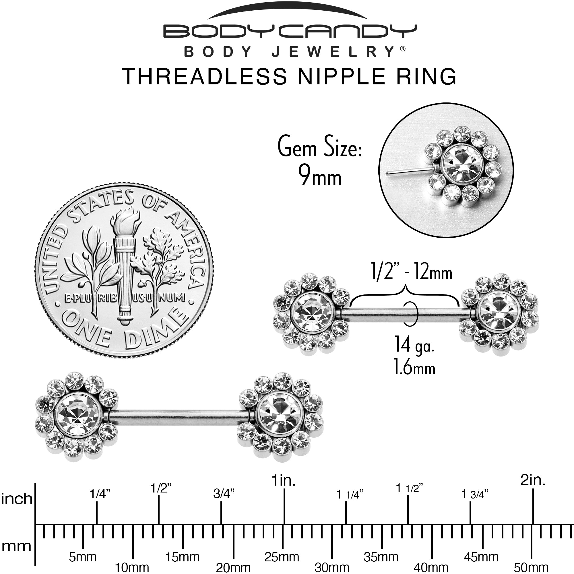 14G 9/16 Clear CZ Gem Flower Threadless Barbell Nipple Ring Set