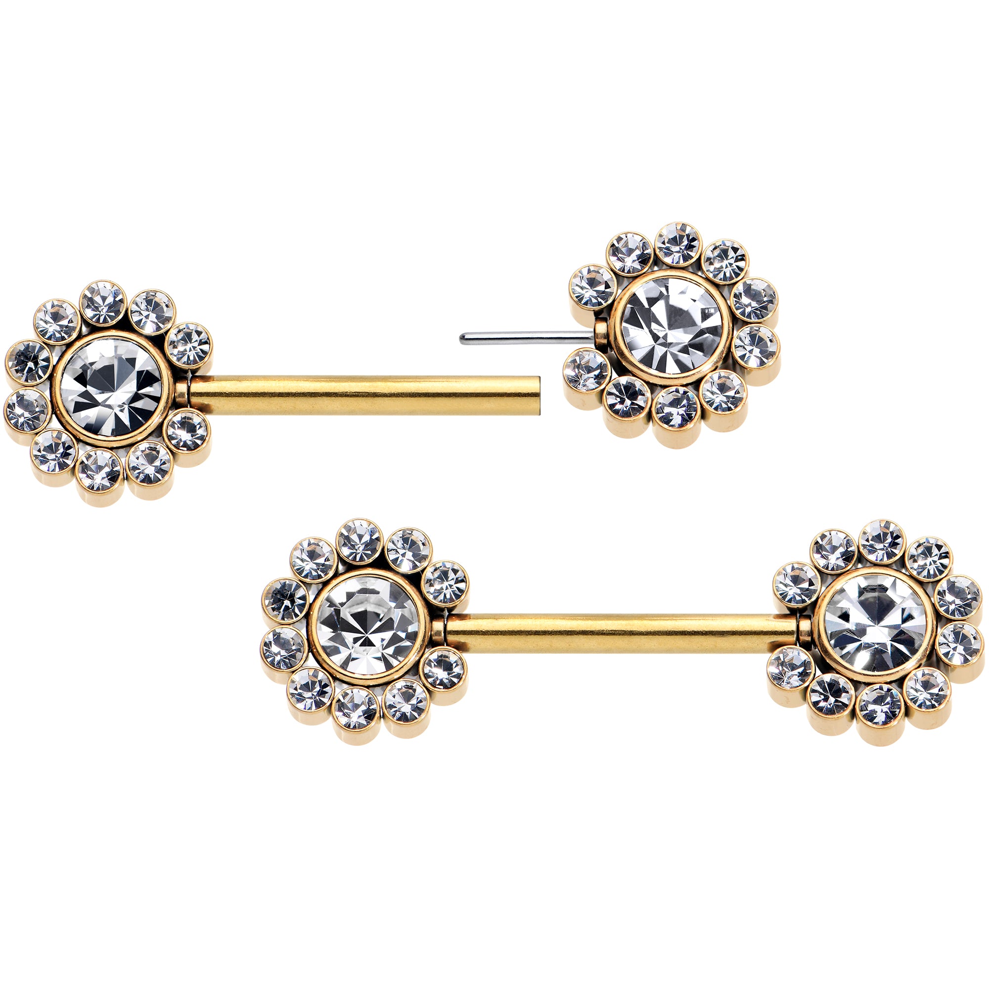 14G 9/16 Clear CZ Gem Gold Tone Flower Threadless Nipple Ring Set
