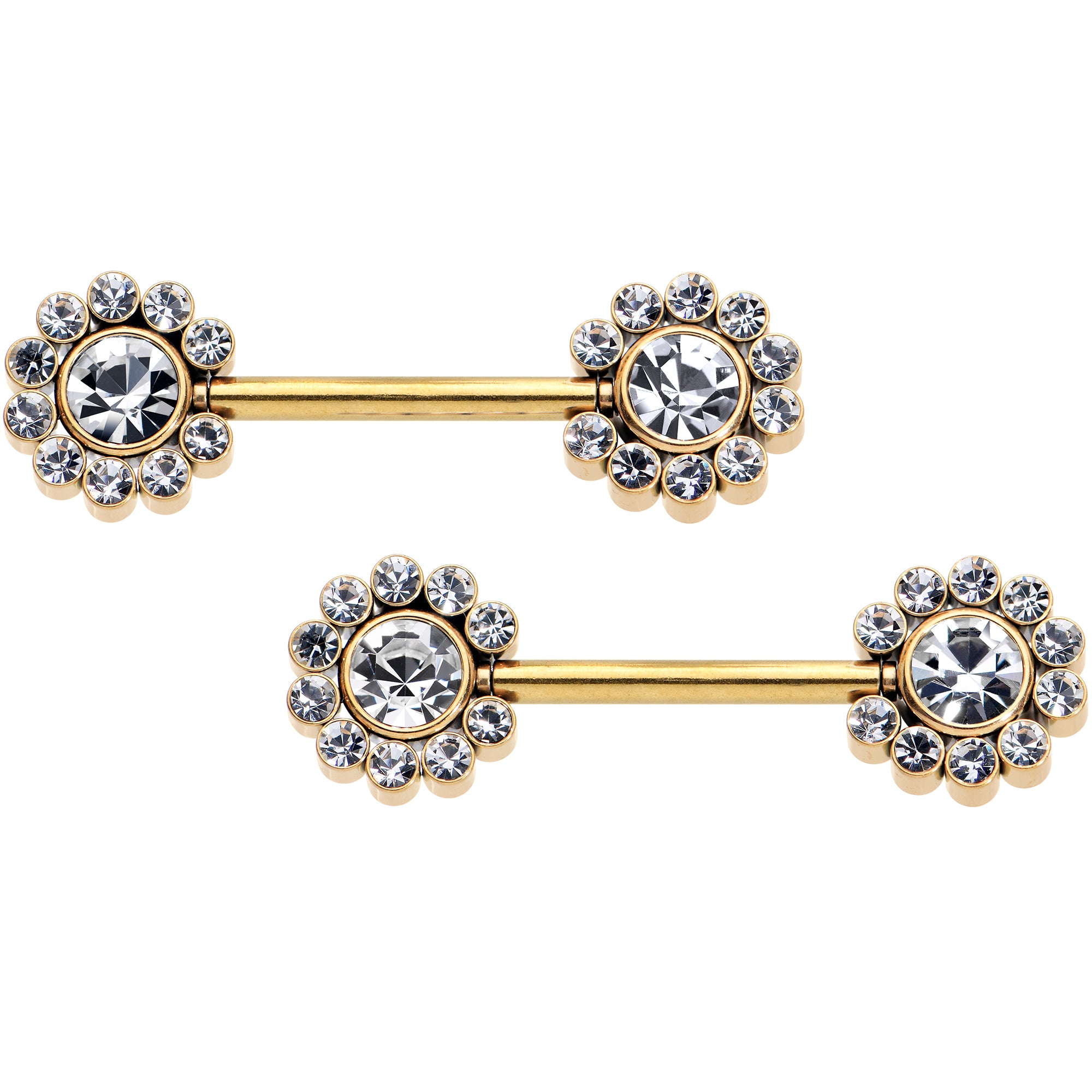14G 9/16 Clear CZ Gem Gold Tone Flower Threadless Nipple Ring Set