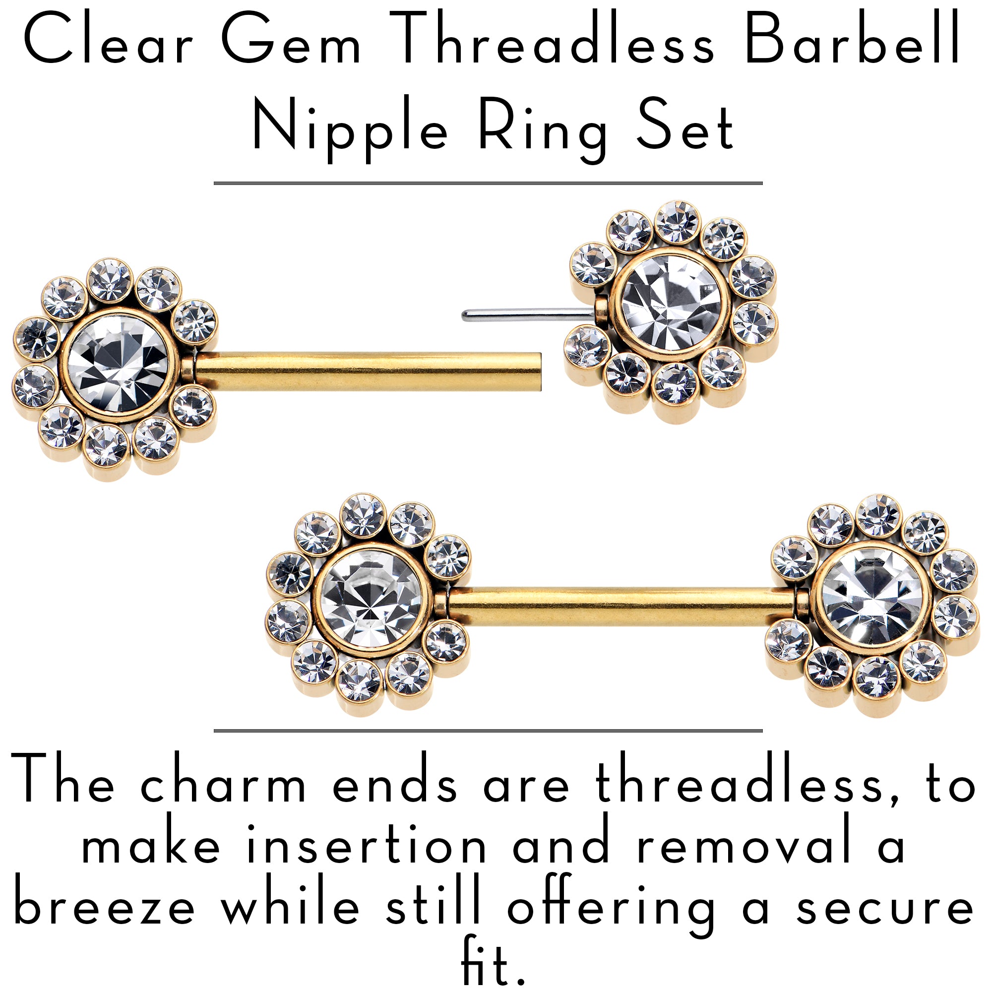 14G 9/16 Clear CZ Gem Gold Tone Flower Threadless Nipple Ring Set