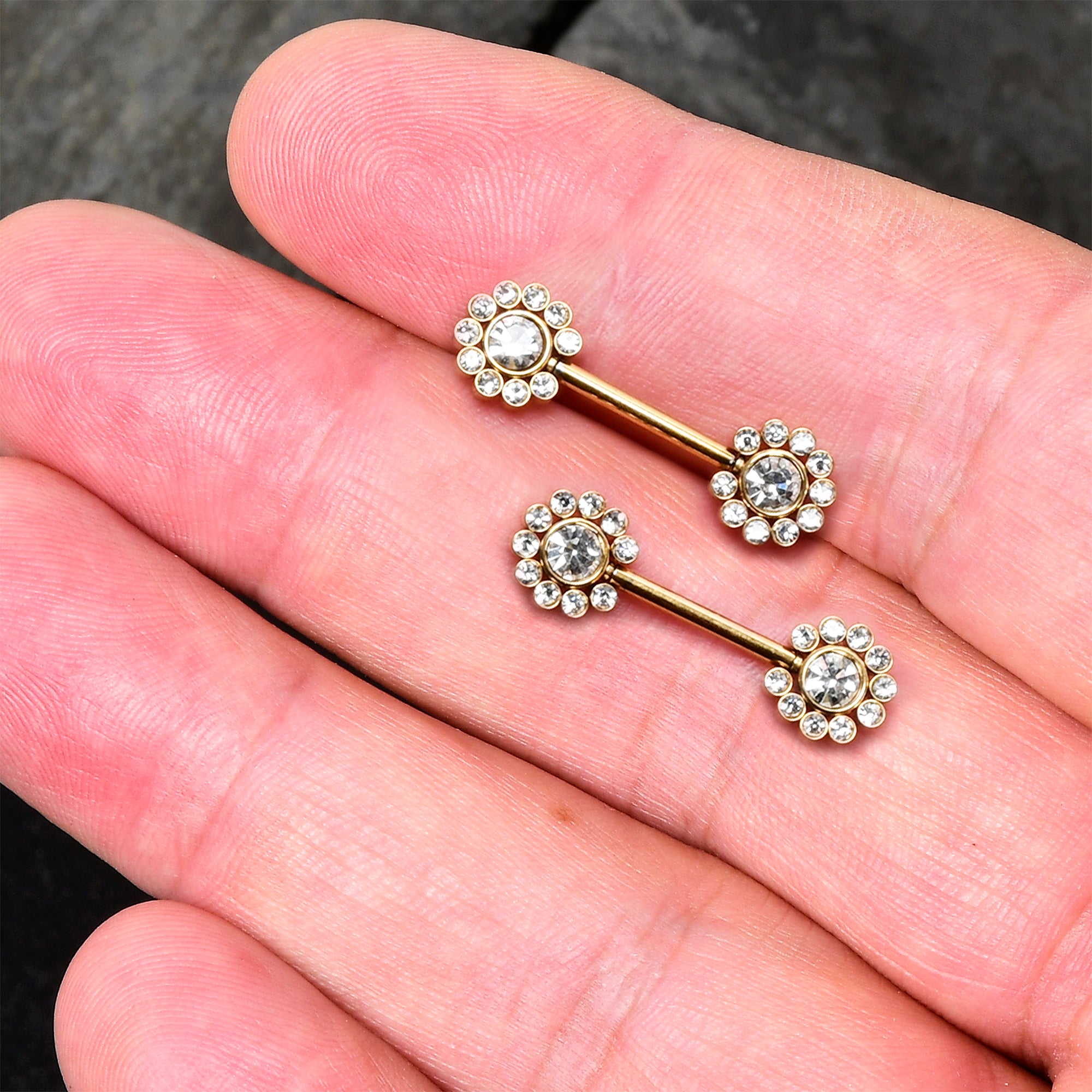 14G 9/16 Clear CZ Gem Gold Tone Flower Threadless Nipple Ring Set