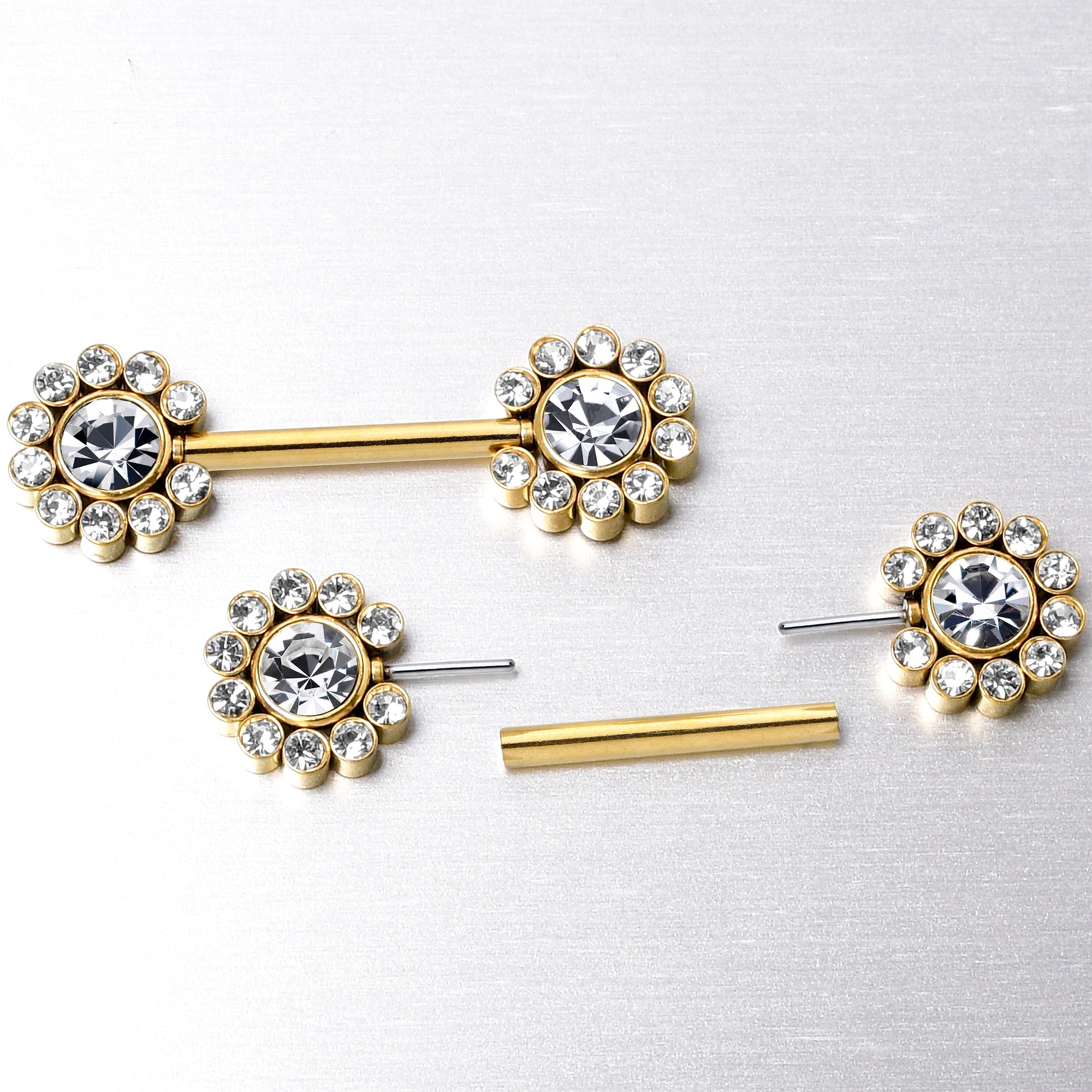 14G 9/16 Clear CZ Gem Gold Tone Flower Threadless Nipple Ring Set