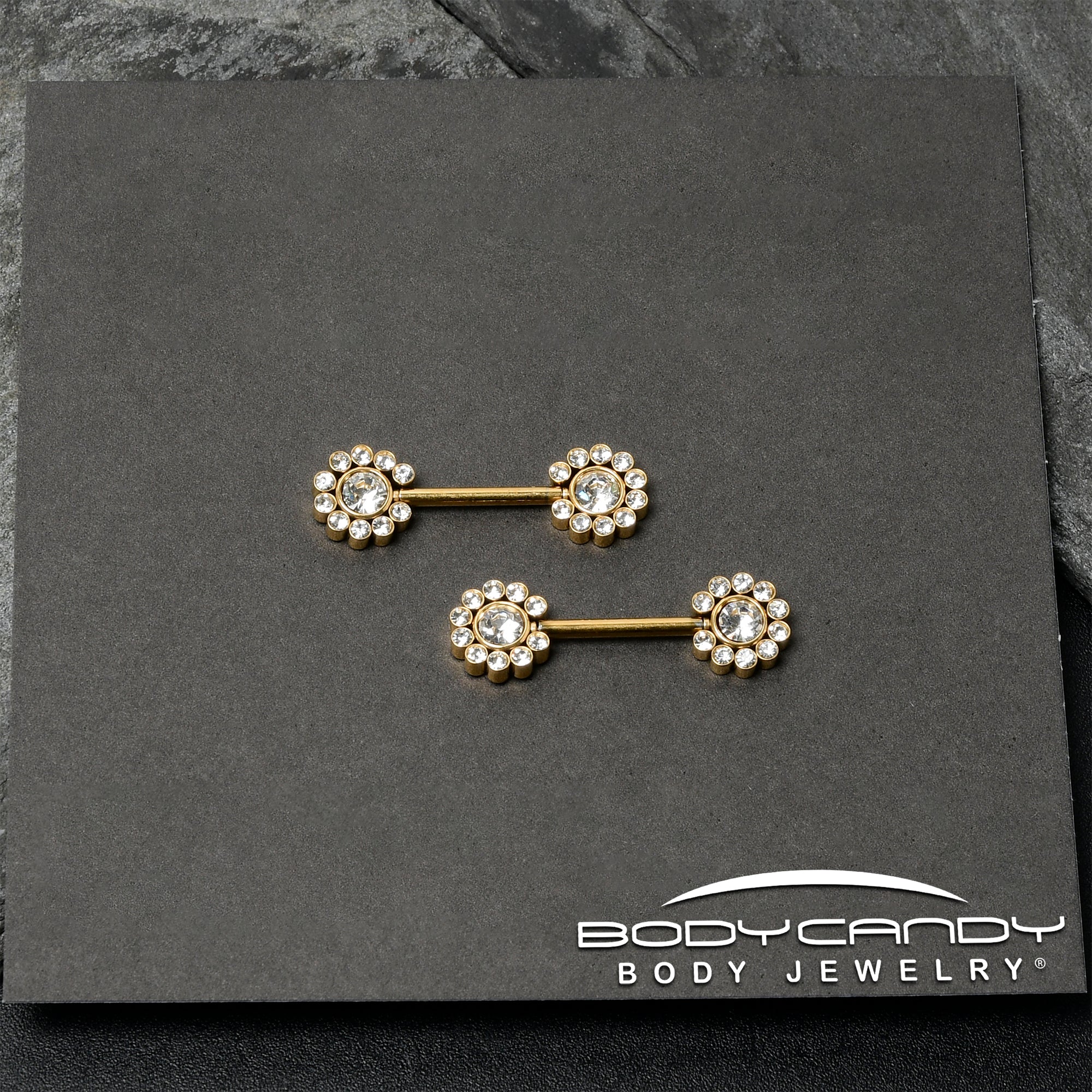 14G 9/16 Clear CZ Gem Gold Tone Flower Threadless Nipple Ring Set