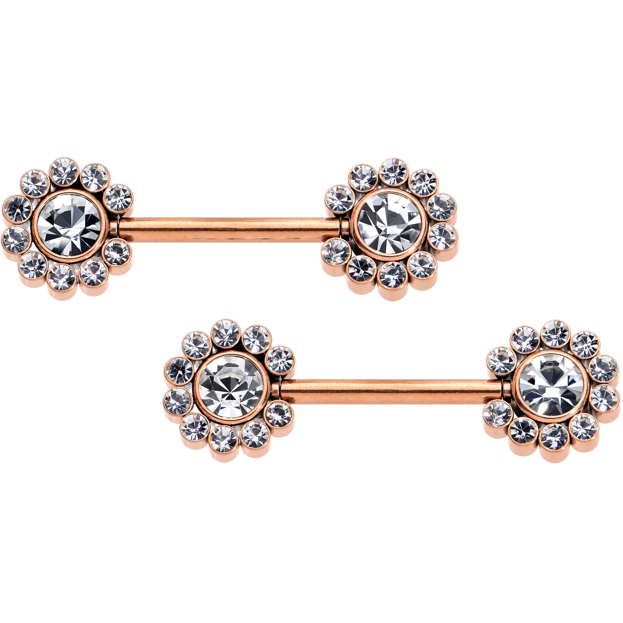 14G 9/16 Clear CZ Gem Rosy Tone Flower Threadless Nipple Ring Set
