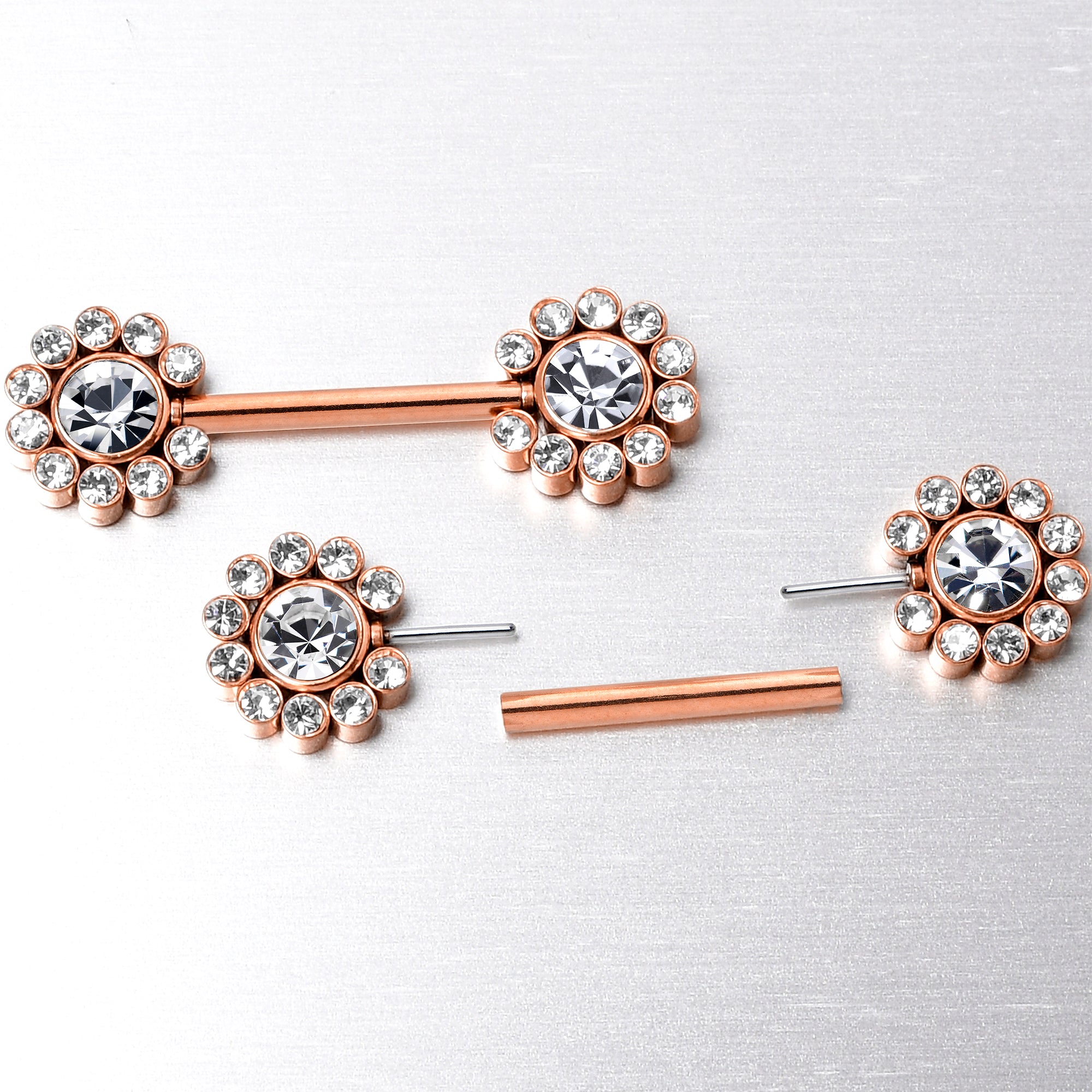 14G 9/16 Clear CZ Gem Rosy Tone Flower Threadless Nipple Ring Set