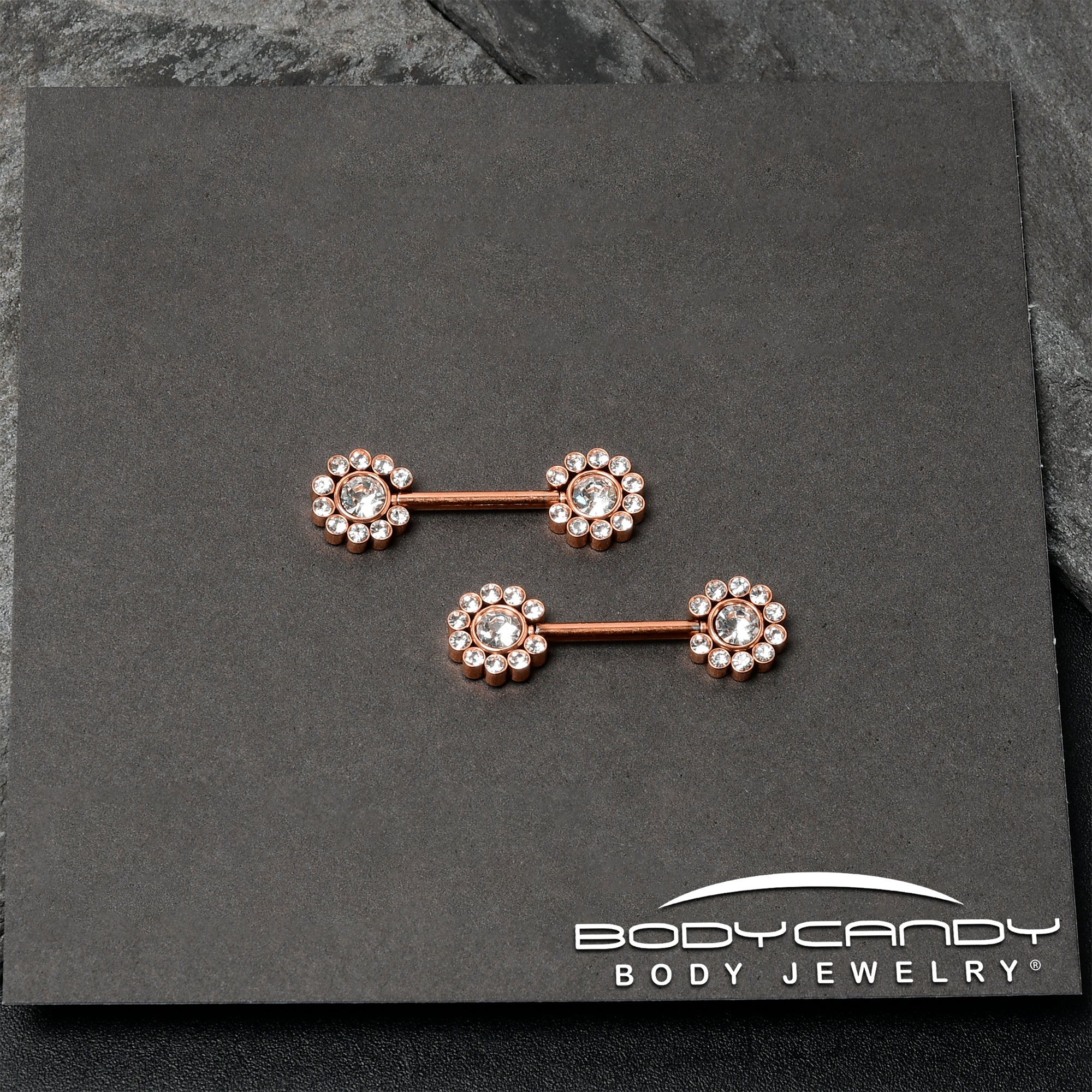 14G 9/16 Clear CZ Gem Rosy Tone Flower Threadless Nipple Ring Set