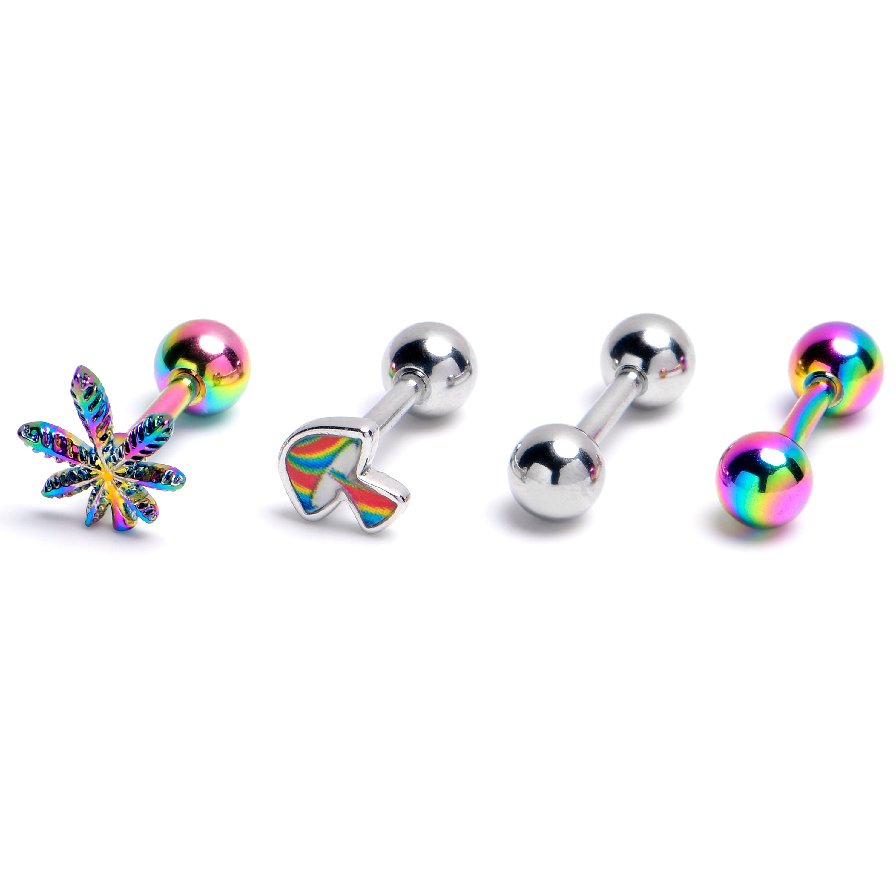 16G 1/4 Rainbow Pot Leaf Mushroom Cartilage Earring Curation Set of 4