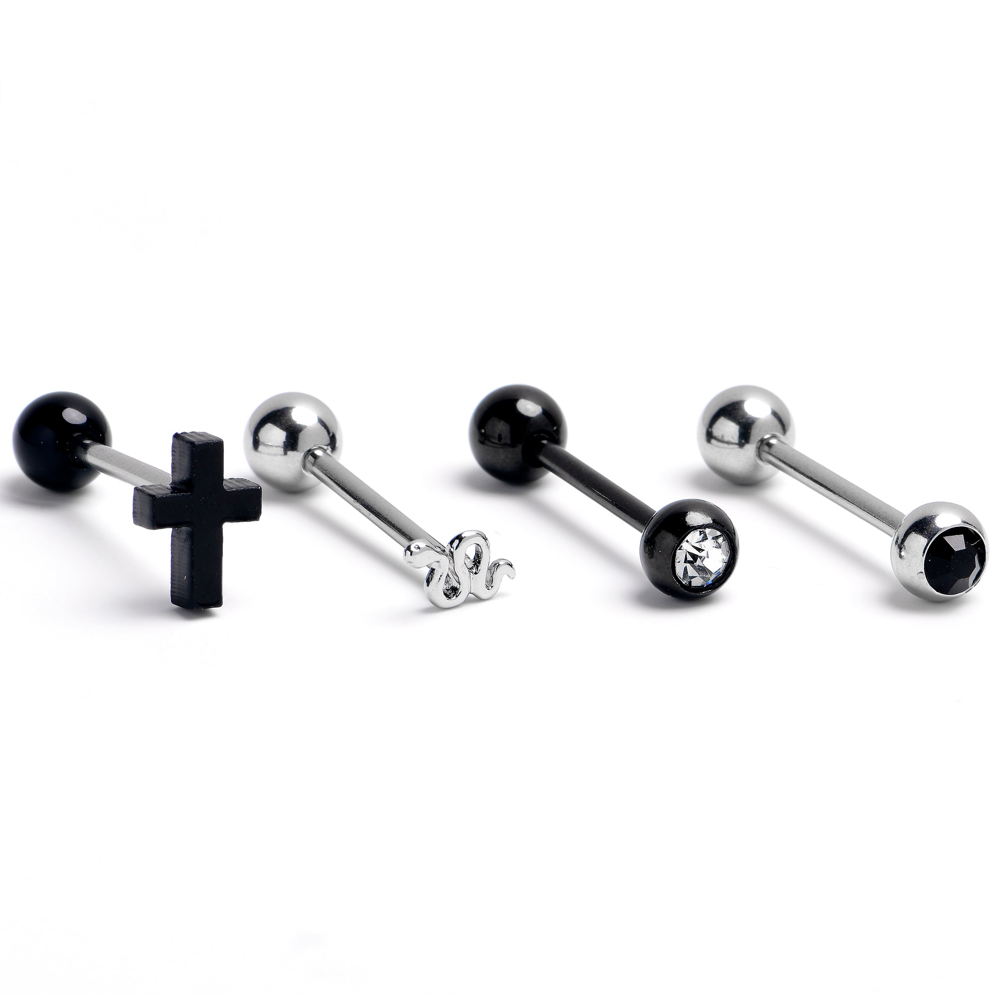 Black Clear Gem Snake Cross Barbell Tongue Ring Set of 4