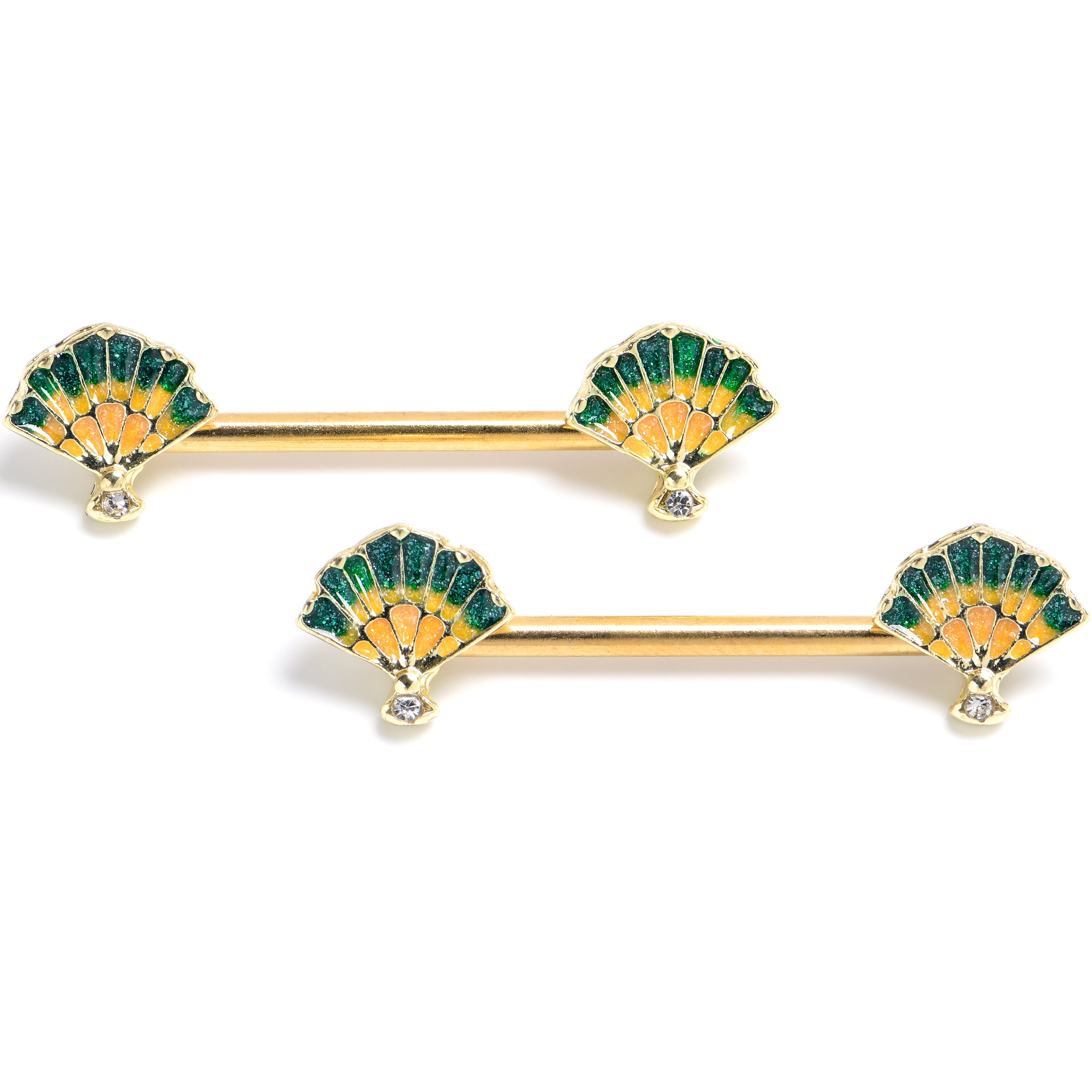 14G 9/16 Clear CZ Gem Gold Tone Glamour Fan Barbell Nipple Ring Set