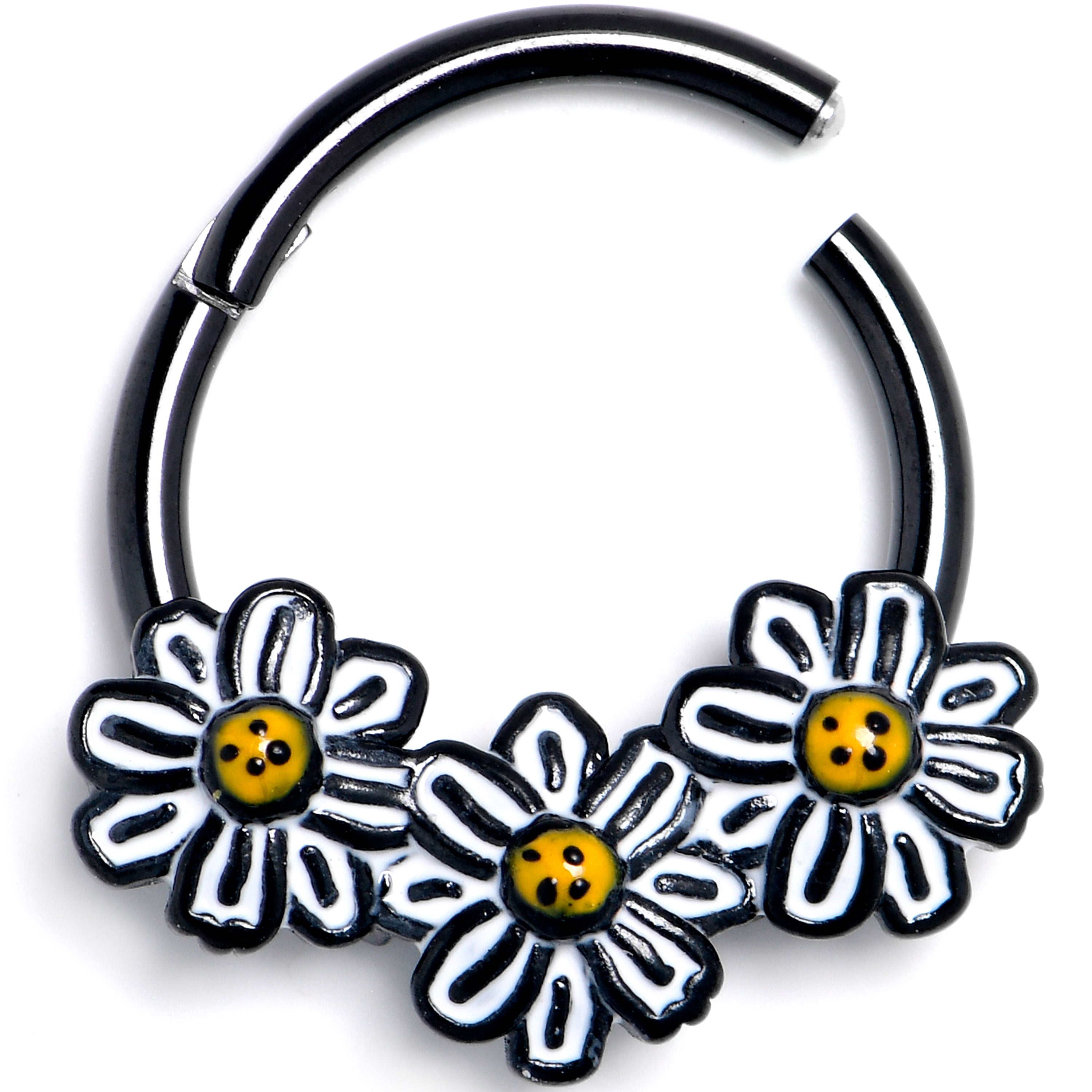 16G 3/8 Black Pretty Daisy Flowers Hinged Segment Ring