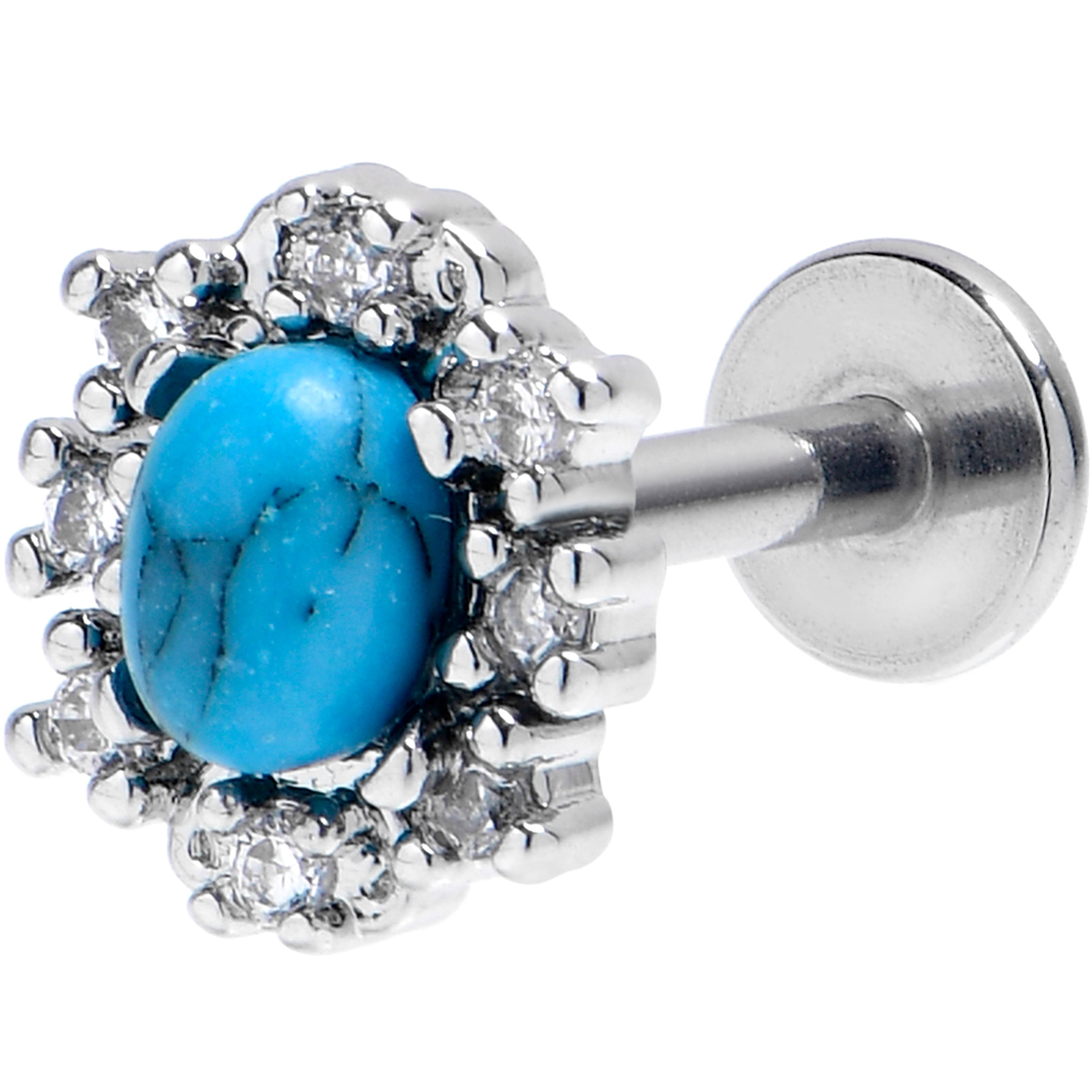 16G 1/4 Blue Turquoise Stone Filigree Square Labret Tragus