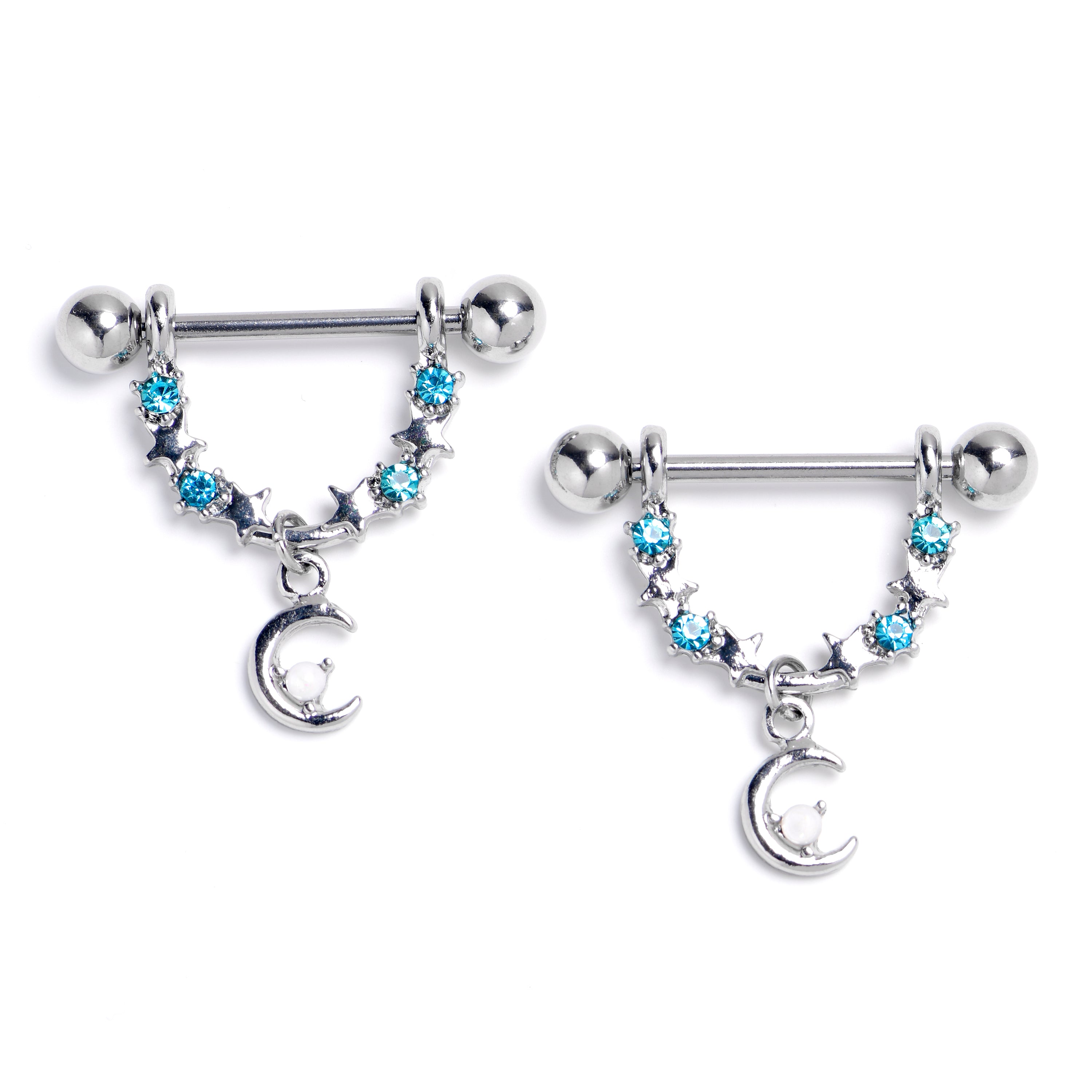 14G 9/16 Blue Clear Gem Crescent Moon Stars Dangle Nipple Ring Set