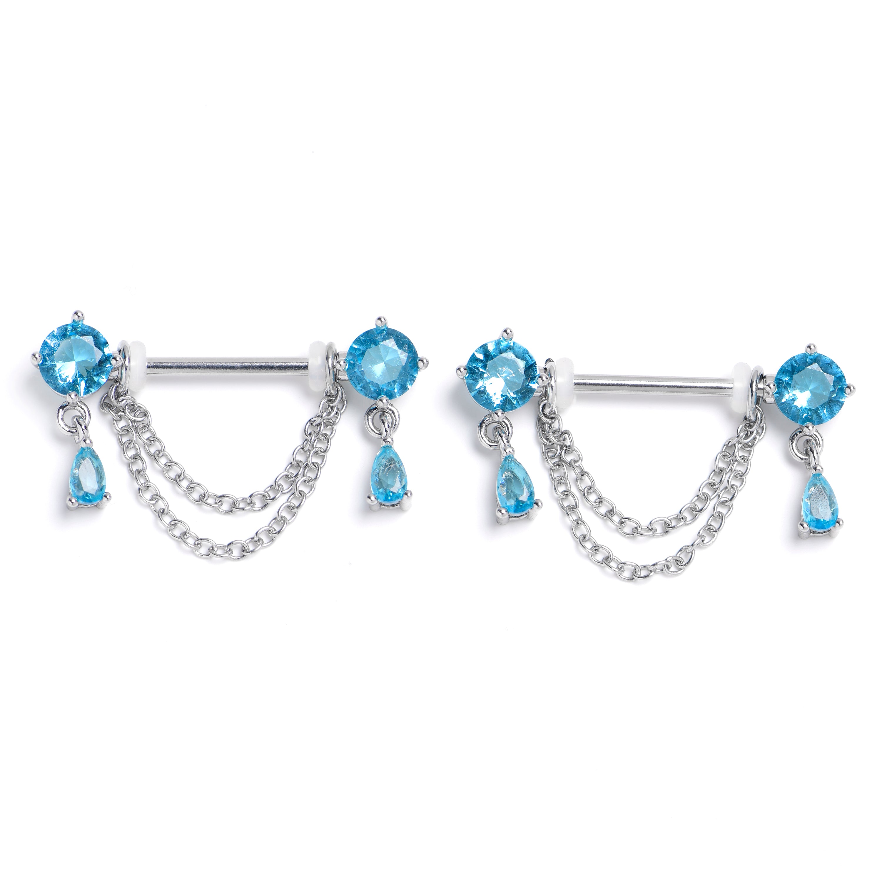14G 9/16 Blue Gem Double Drama Dangle Nipple Ring Set