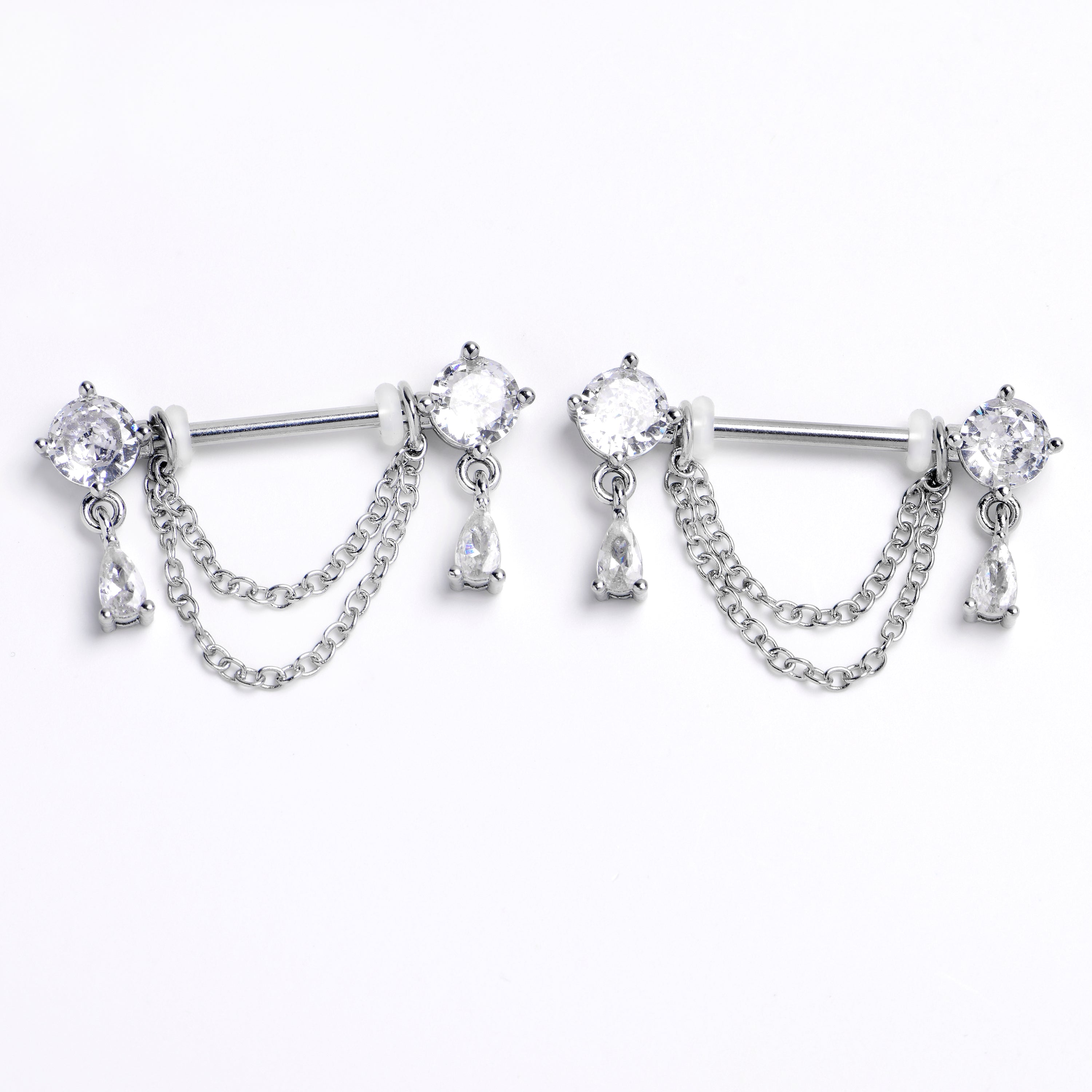 14G 9/16 Clear Gem Double Drama Dangle Nipple Ring Set