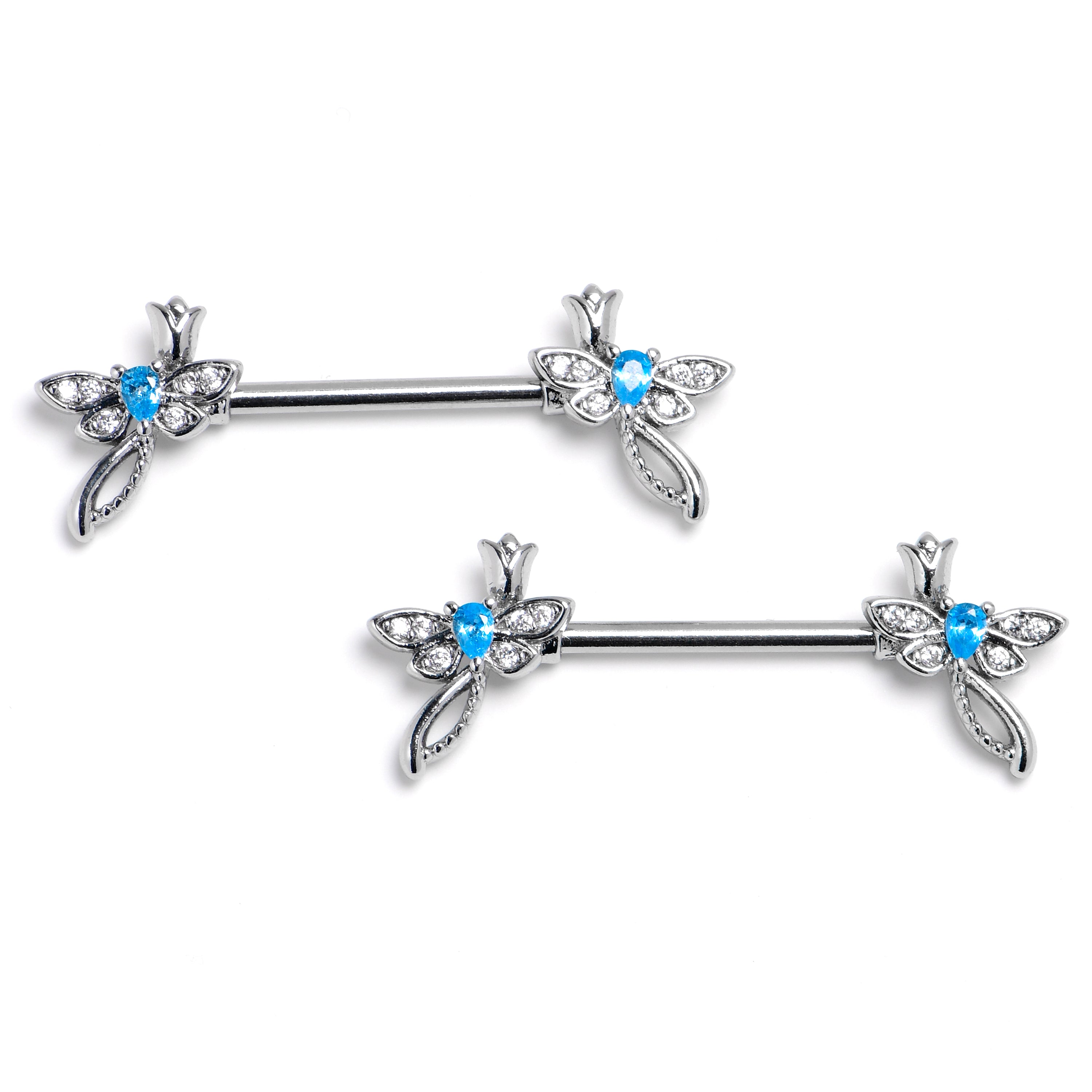 14G 9/16 Blue Gem Bold Dragonfly Barbell Nipple Ring Set