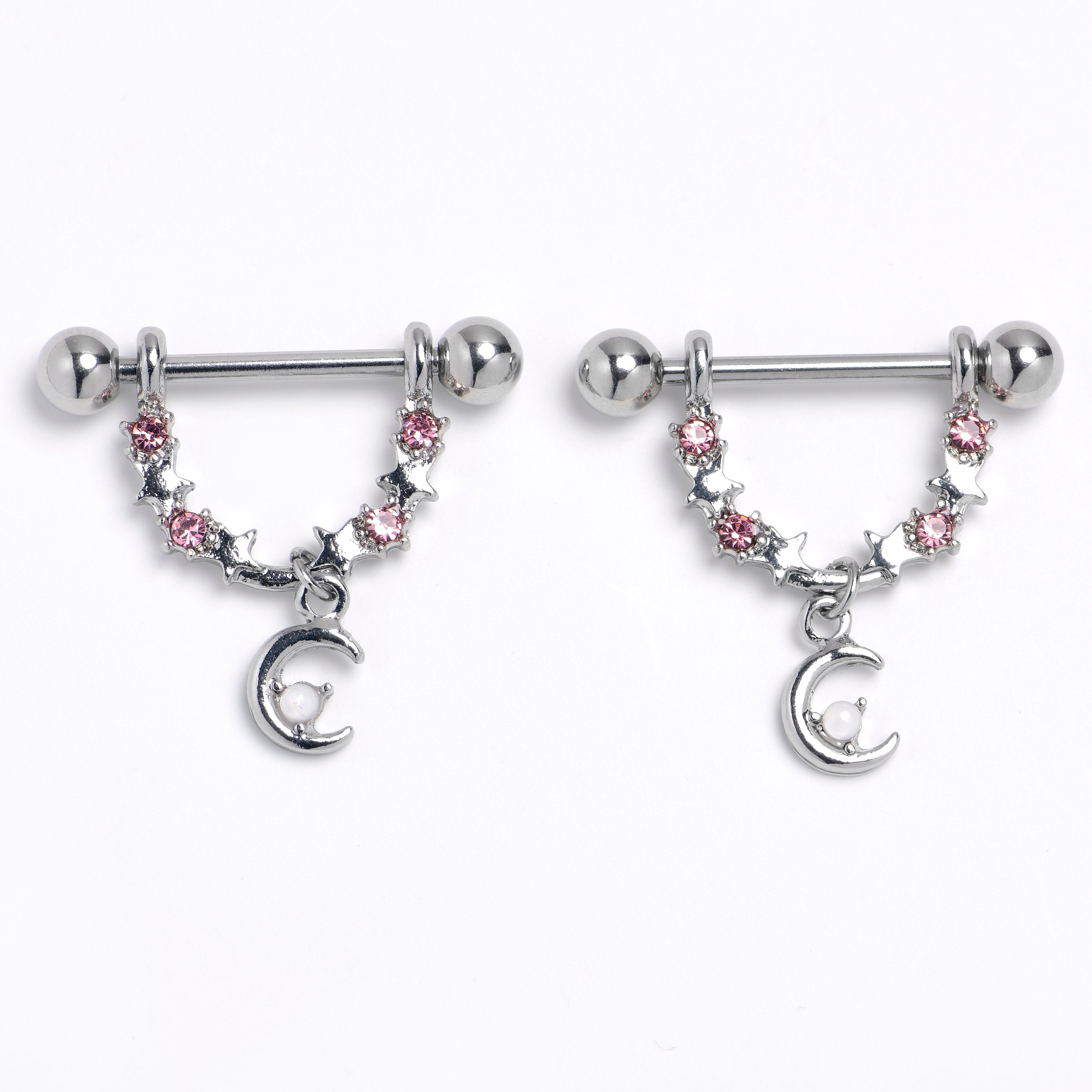14G 9/16 Pink Clear Gem Crescent Moon Stars Dangle Nipple Ring Set