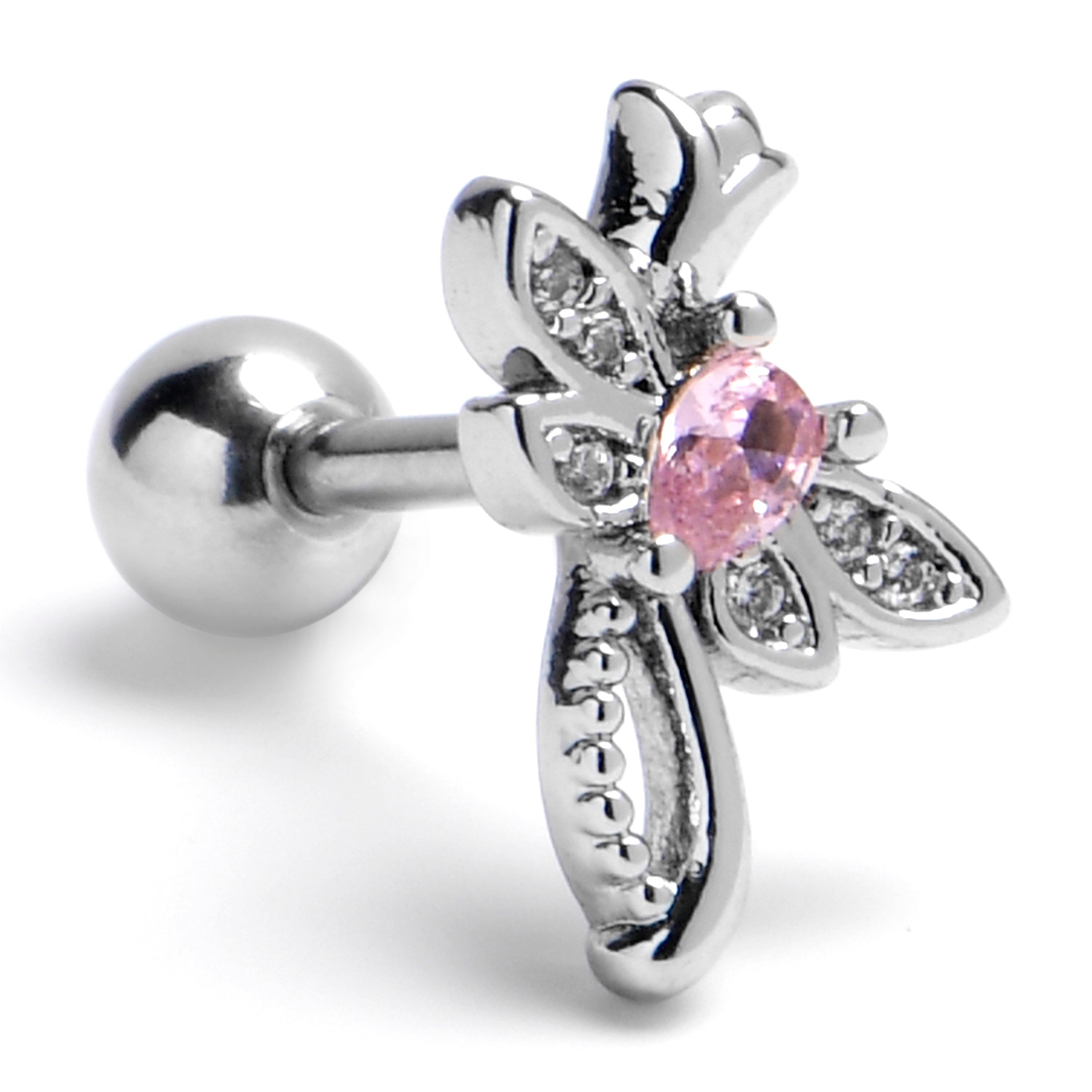 16G 1/4 Pink Gem Bold Dragonfly Cartilage Tragus Earring