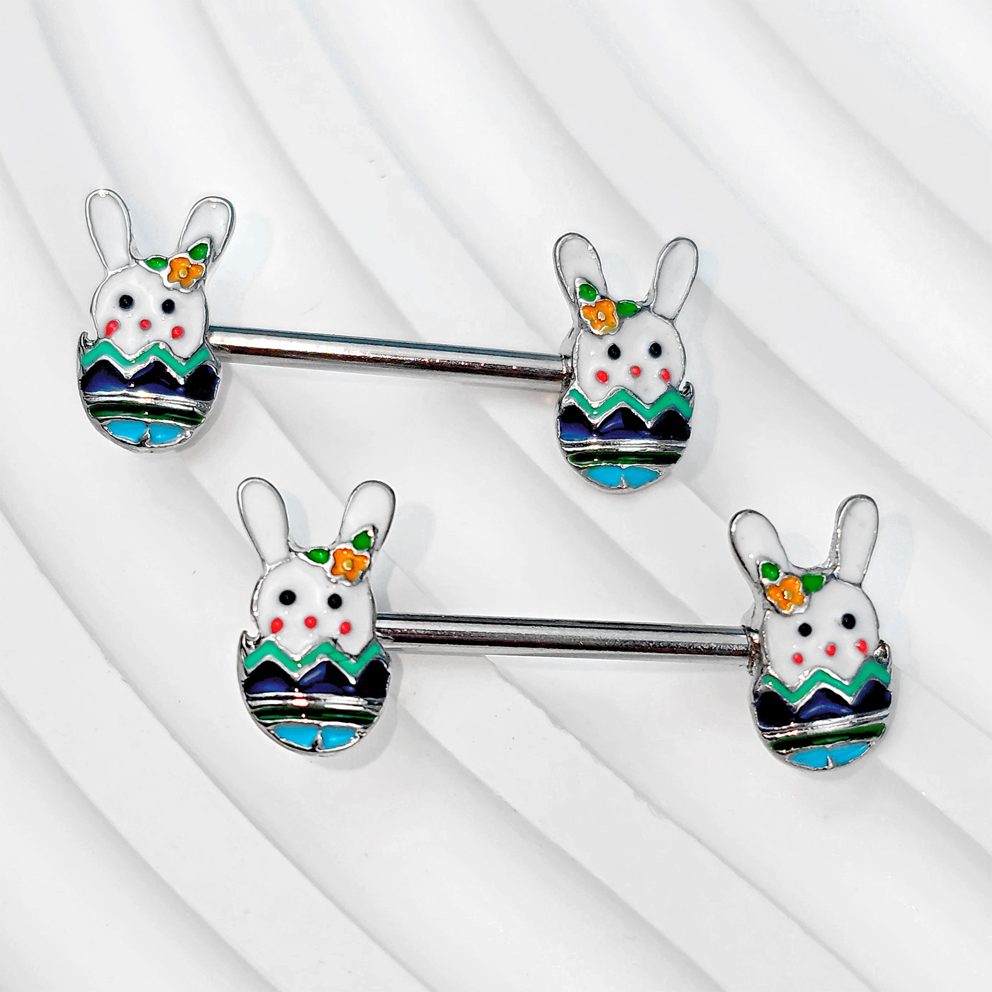 14G 9/16 Easter Bunny Egg Barbell Nipple Ring Set