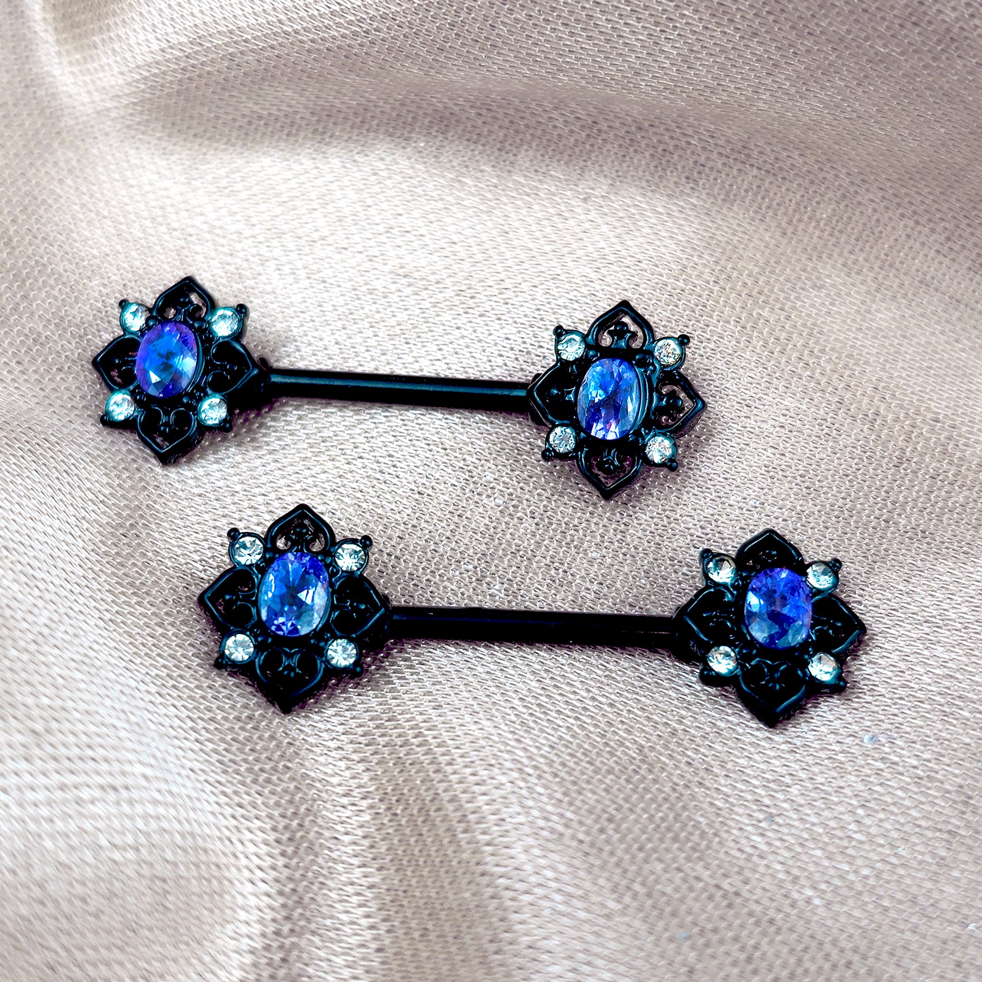 14G 9/16 Blue Gem Black Filigree Rhombus Barbell Nipple Ring Set