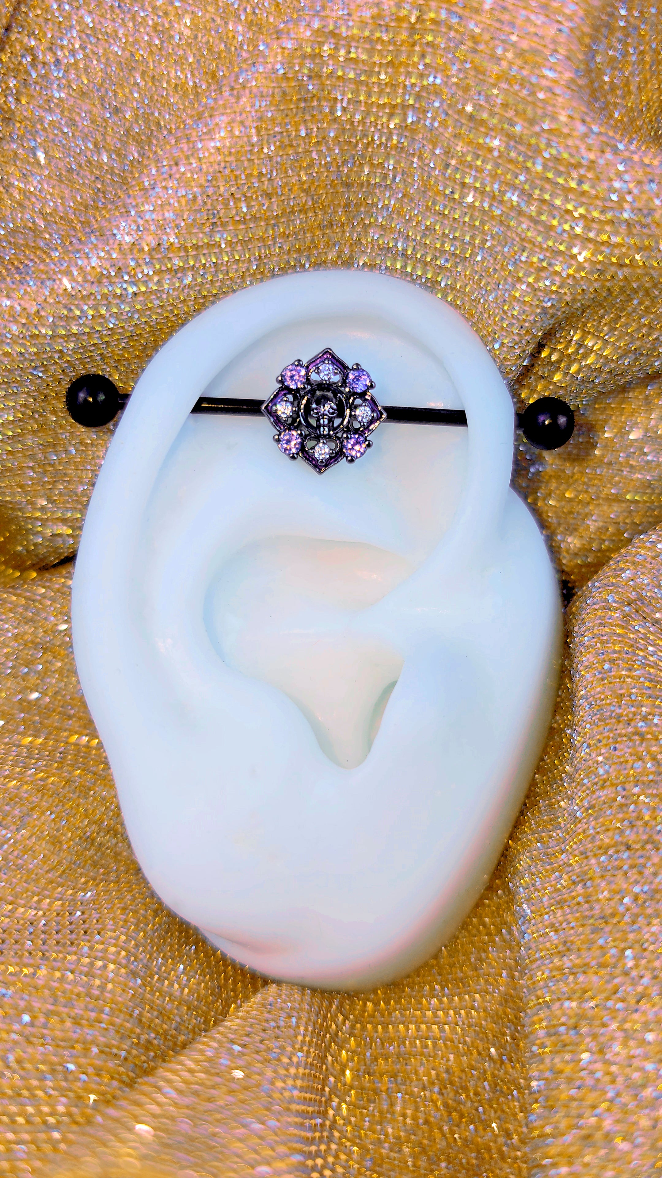 14G Pink Gem Black Skull Cross Industrial Barbell 38mm