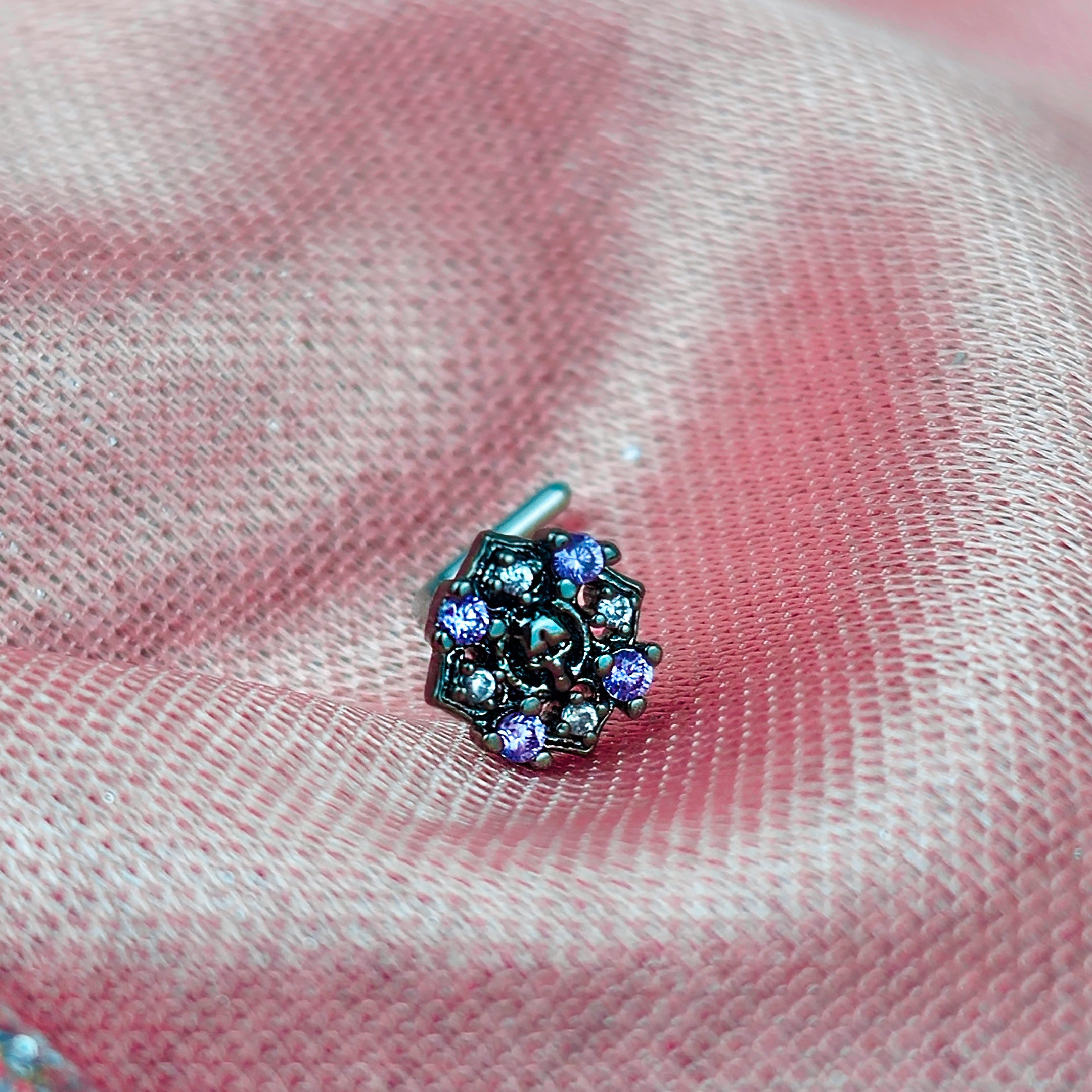 20G 7mm Pink Gem Skull Cross L Shape Nose Ring