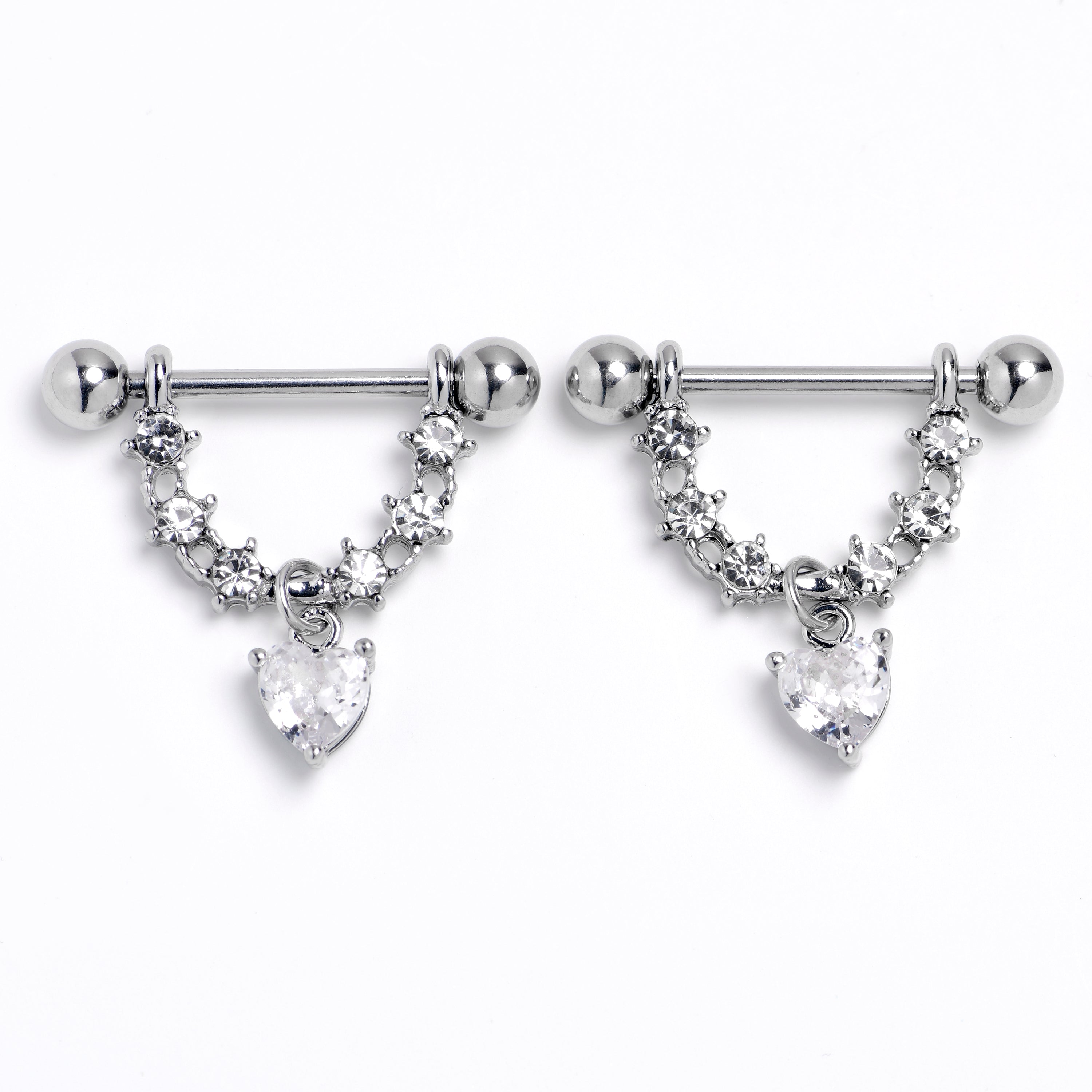 14G 9/16 Clear Gem Stars And Hearts Dangle Nipple Ring Set