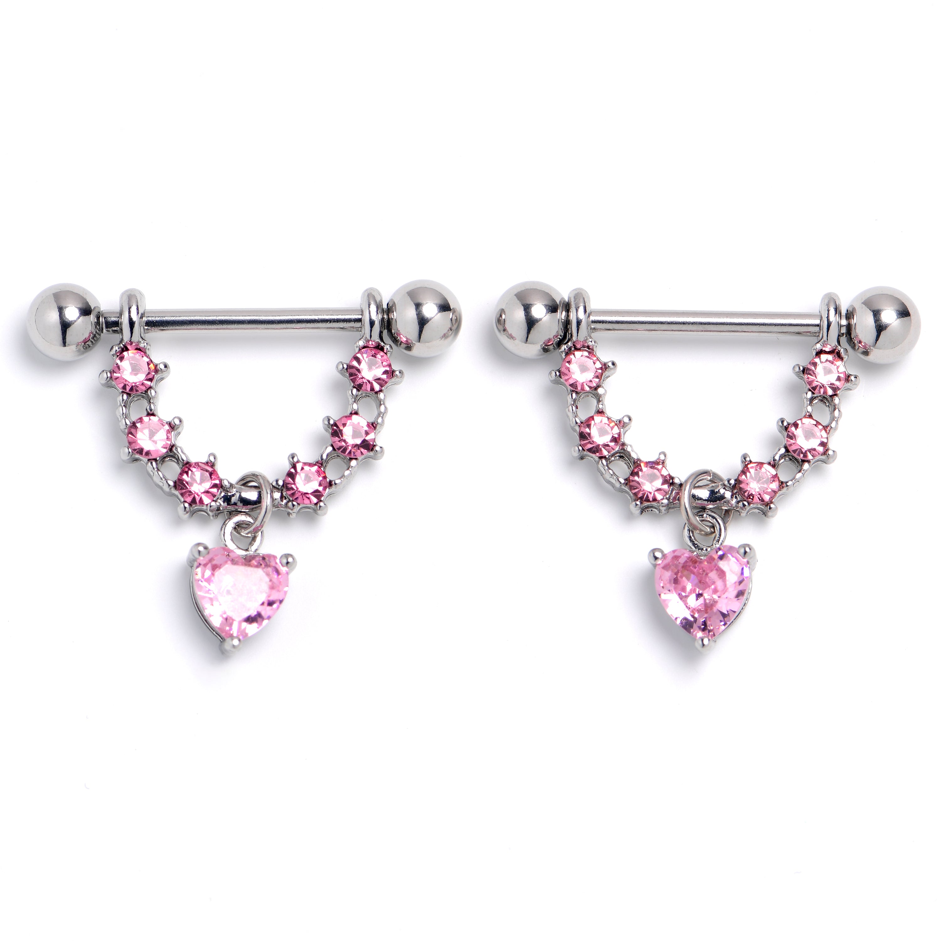 14G 9/16 Pink Gem Stars And Hearts Dangle Nipple Ring Set