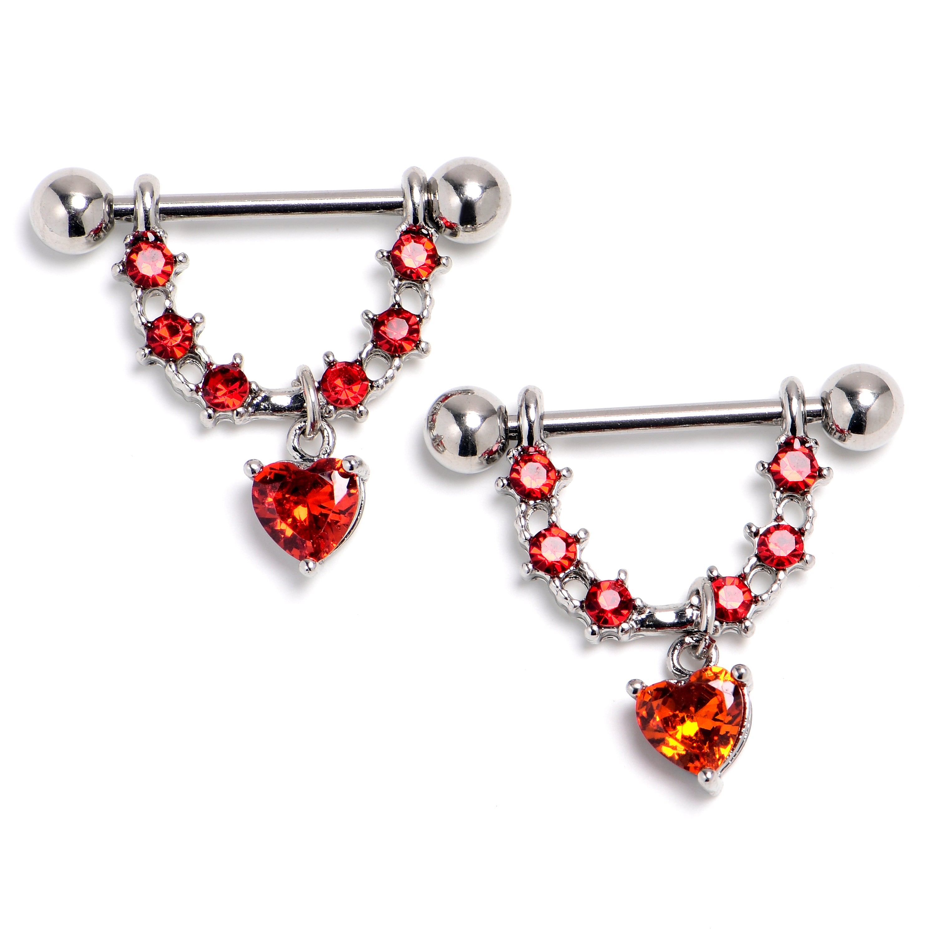 14G 9/16 Red Gem Stars And Hearts Dangle Nipple Ring Set