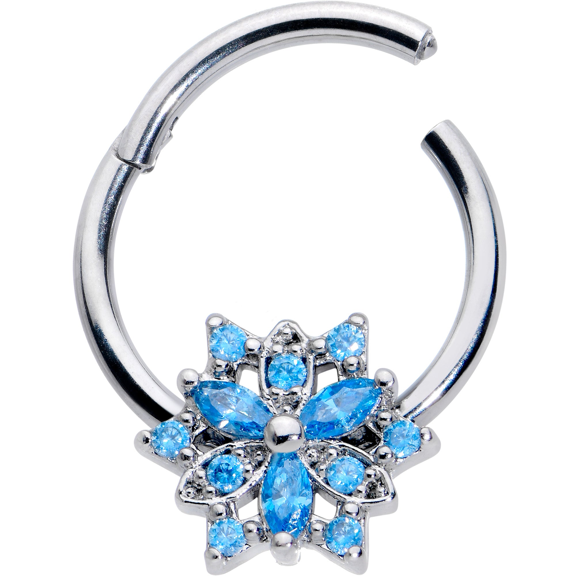 16G 3/8 Blue CZ Gem Snowflake Style Hinged Segment Ring